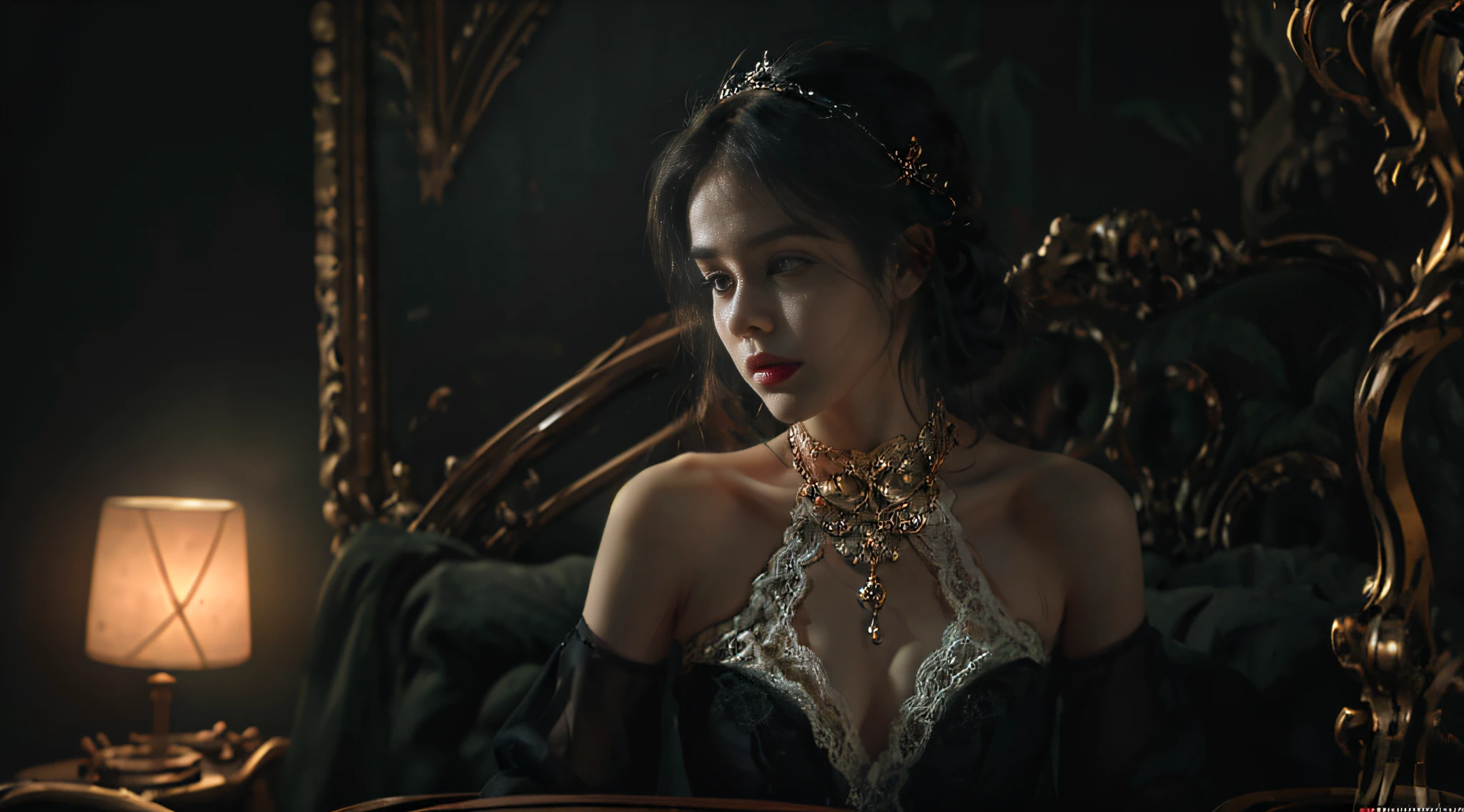 Official Art, Unity 8k wallpaper, ultra-detailed, beautiful, beautiful, masterpiece, best quality, dark, atmospheric, mystical, romantic, creepy, literature, art, fashion, victorian, decoration, intricate, ironwork, lace, contemplative, emotional depth, supernatural, 1 girl, solo, neck, bust composition