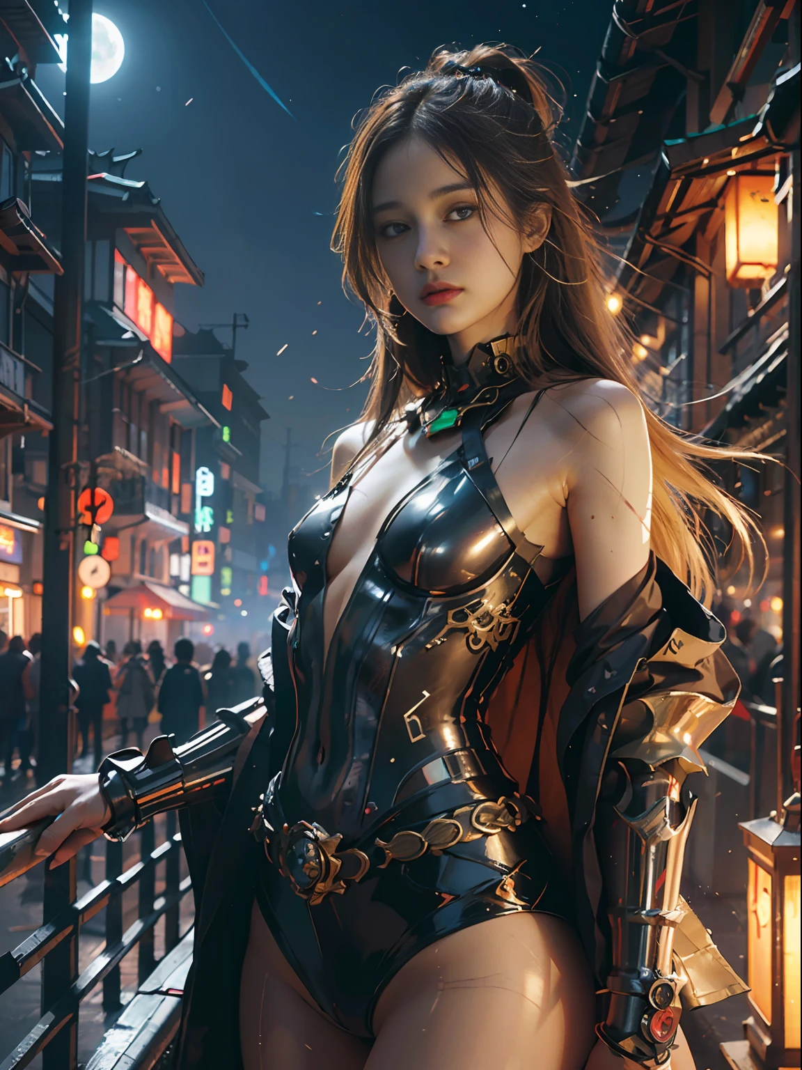 Masterpiece, Best Quality, Cinema, Official Art, Propaganda Art, Cinematic Wallpapers, Very Detailed CG Uniform 4k Wallpapers, Intricate Details, Upper Body, Facial Focus, Concept Art, Production Art, ( , highres, (realistic, photo-realistic:1.2), physically-based rendering, machinery, reflection, realistic, cyberpunk, symmetric front view close up head shot eyes symmetry face very sharp focus realistic award winning matte drawing movie lights, mecha, (Illustration: 1.1), slim, fair skin, delicate face, shine, tights, (long blonde hair), Japanese shrine costume, green eyes, battlefield, chip, shine, vast landscape photo, (from below, starry sky above, open field below), a girl standing on a flower field looking up, (string moon: 1.2), (meteor: 0.9), (nebula: 1.3), tree BREAK making art, (Warm light source: 1.2), (Firefly: 1.2), lamps, lots of purple and orange, intricate details, volumetric lighting, realism BREAK (Masterpiece: 1.2), (Best Quality), 4K, Ultra-Detailed, (Dynamic Composition: 1.4), Very Detailed, Rich in Detail, (Iridescent Colors: 1.2), (Glowing, Atmospheric Illumination), Dreamy, Fantastic, (Solo: 1.2) Gray Hair, Long Flowing Hair, Strong Wind, Orange Eyes, Shiny Eyes, Large, Face, Chest and Thighs Raw, Visible. photorealistic real, portfolio, fine LED,beautifully decorated, beautiful relief, small parts polymerization, metal cylinder, detailed neon, fine LED, fine parts, gear, gauge, pressure gauge, steam