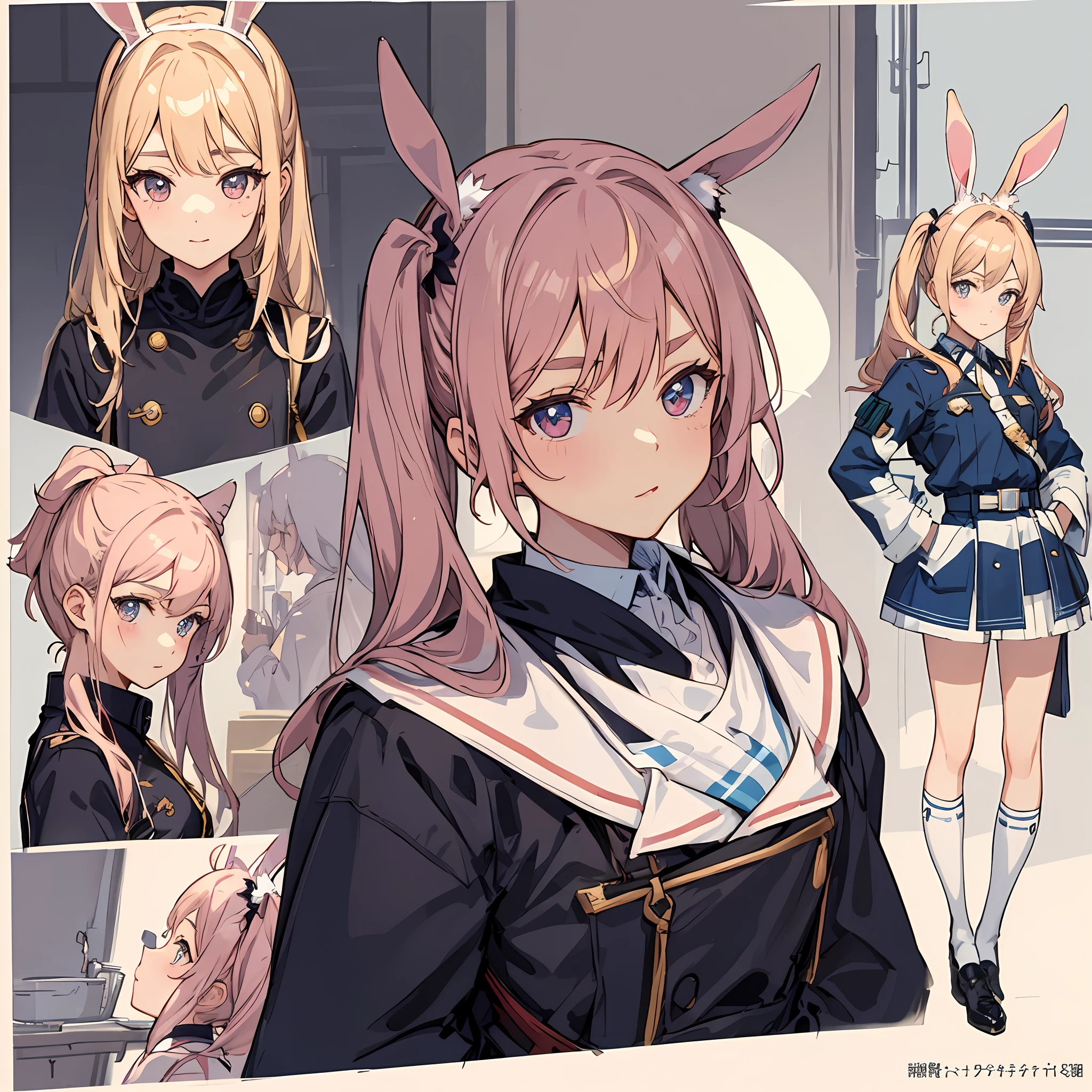 bunny ears，Squadron，Squadron clothing，80s fashion，Urban popular colors，（character design sheet，facefront，backfacing，Lateral face，Same character），The background is simple，pigtails，Mazu，Female brat，Thick eyebrows，thin waists，Beautiful blonde，pigtails，（nmasterpiece），（（HighestQuali）），（ultra detaild），gal girl，（beautifuleyes）），Clean and meticulous face，Five fingers，Textile shades，anatomy perfect