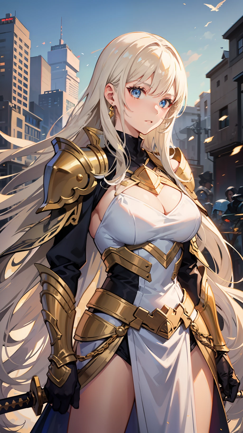 1girl in white and gold armor standing outside,(huge breasts:0.8),blond hair ,long hair, weapon, sword, humans, solo, cape, holding sword, holding,battlefield,outdoors,wilderness,