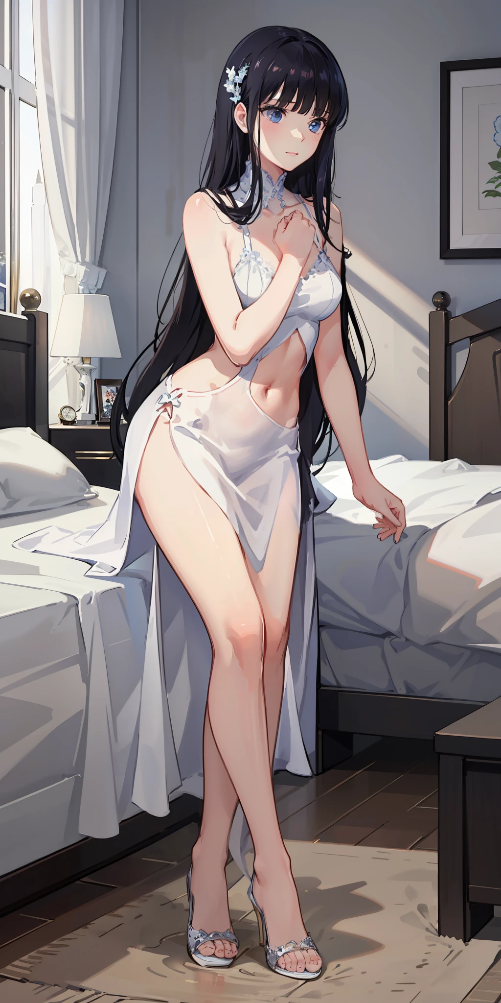 masterpiece, best quality, ultra-detailed, illustration,1girl,
long hair, black hair, 
medium breast,  white gown, slim legs, navel, nervous, bedroom, leaning, hanged