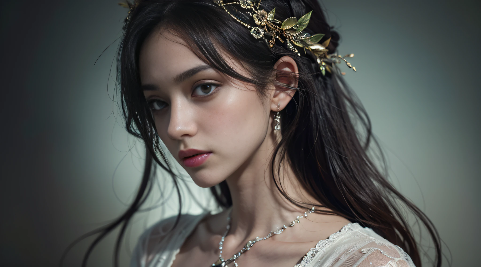 Official Art, Unity 8k wallpaper, ultra-detailed, beautiful, beautiful, masterpiece, best quality, dark, atmospheric, mystical, romantic, creepy, literature, art, fashion, victorian, decoration, intricate, ironwork, lace, contemplative, emotional depth, supernatural, 1 girl, solo, neck, bust composition