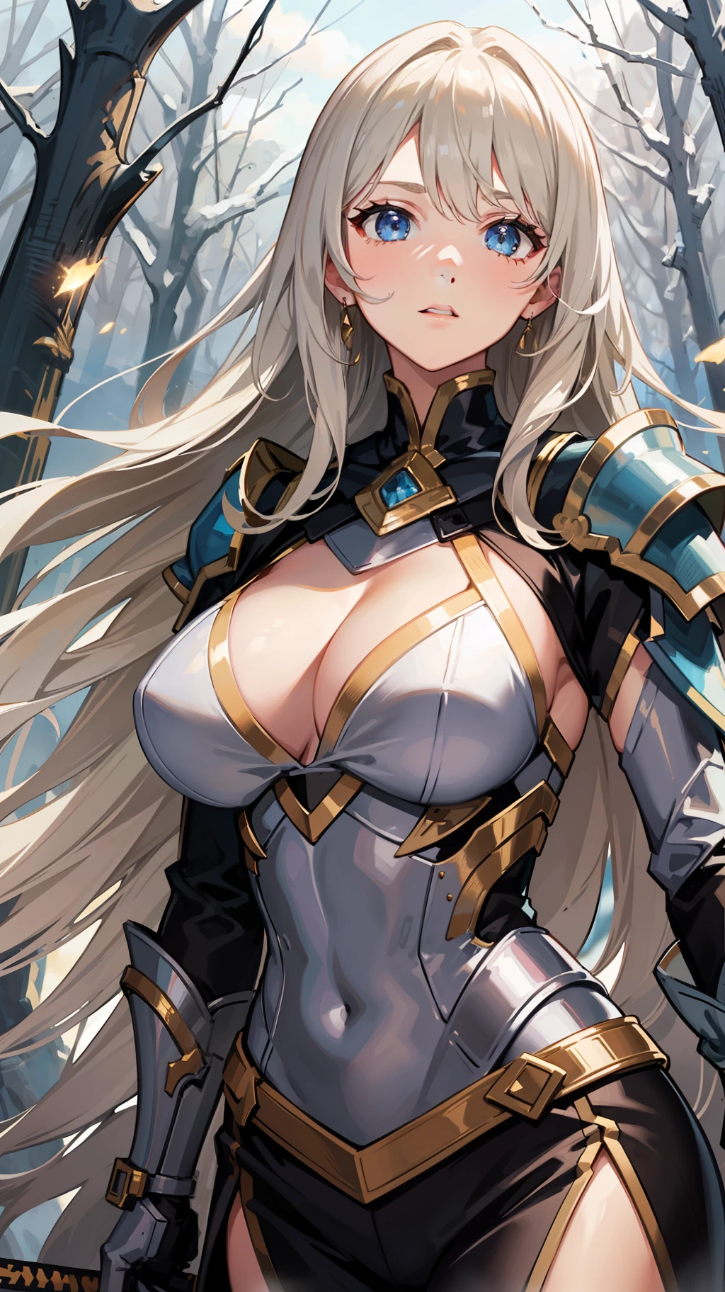 1girl in white and gold armor standing outside,(huge breasts:0.8),blond hair ,long hair, weapon, sword, humans, solo, cape, holding sword, holding,battlefield,outdoors,wilderness,
