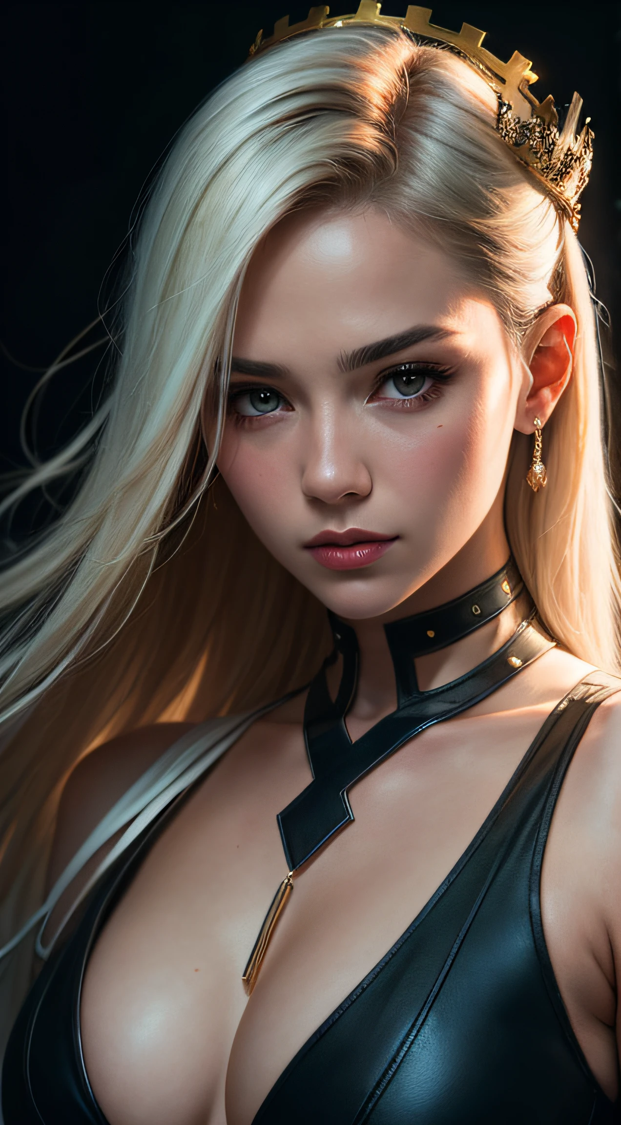Masterpiece, face close-up, sexy, aerial view, a beautiful and cute girl, half face is human, half face is another world, dress with neckline, big breasts, white hair, straight long hair, background white, queen, looking to the right, white crown, night, very detailed lighting, dramatic, digital art trend in Artstation 8k HD high definition detailed realistic, detailed, skin texture, hyper detailed, Realistic skin texture, armor, best quality, ultra high res, (photorealistic: 1.4), high resolution, detailed, Raw photo, Sharp Re, by Lee Jeffries Nikon D850 Film Stock Photography 4 Kodak Portra 400 Camera F1.6 Lens Rich Colors Hyper Realistic Texture Dramatic Lighting UnrealEngine trend in ArtStation Cinestill 800