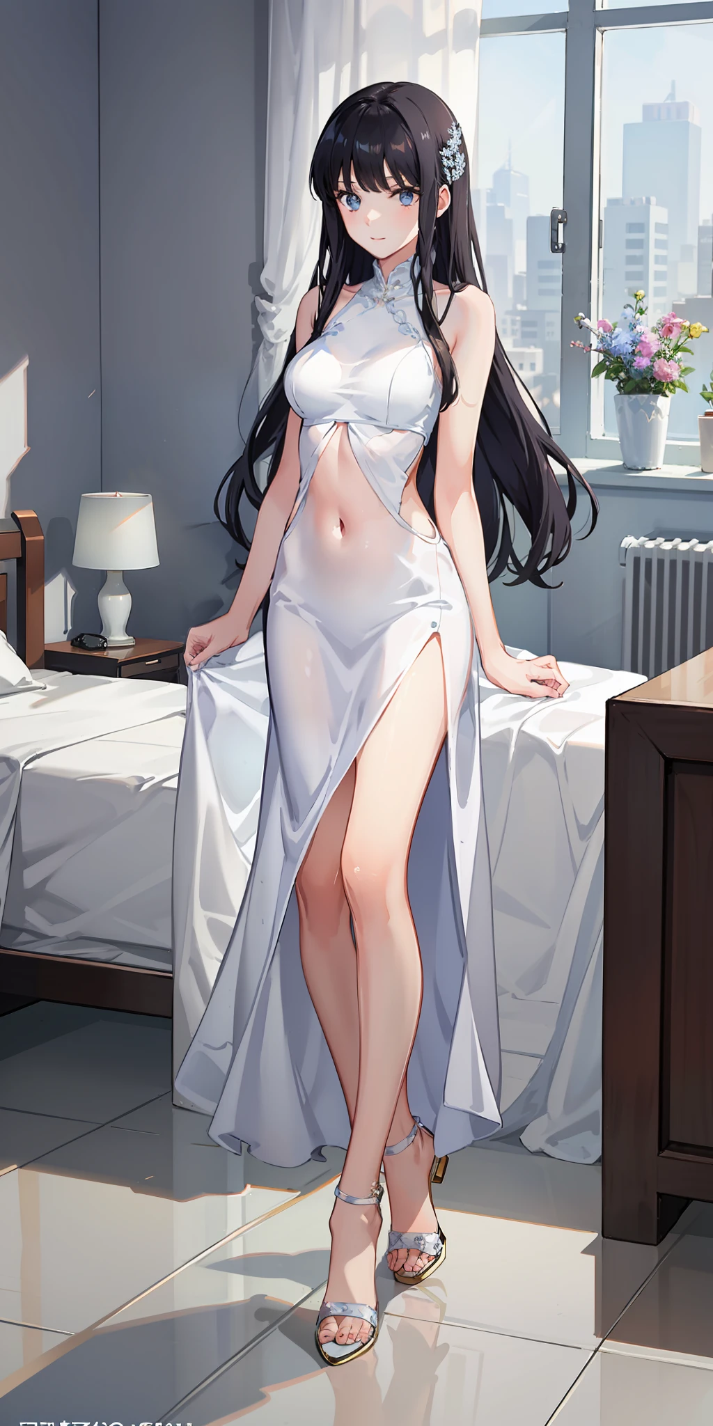 masterpiece, best quality, ultra-detailed, illustration,1girl,
long hair, black hair,
medium breast, white gown, slim legs, navel, nervous, bedroom, leaning, hanged