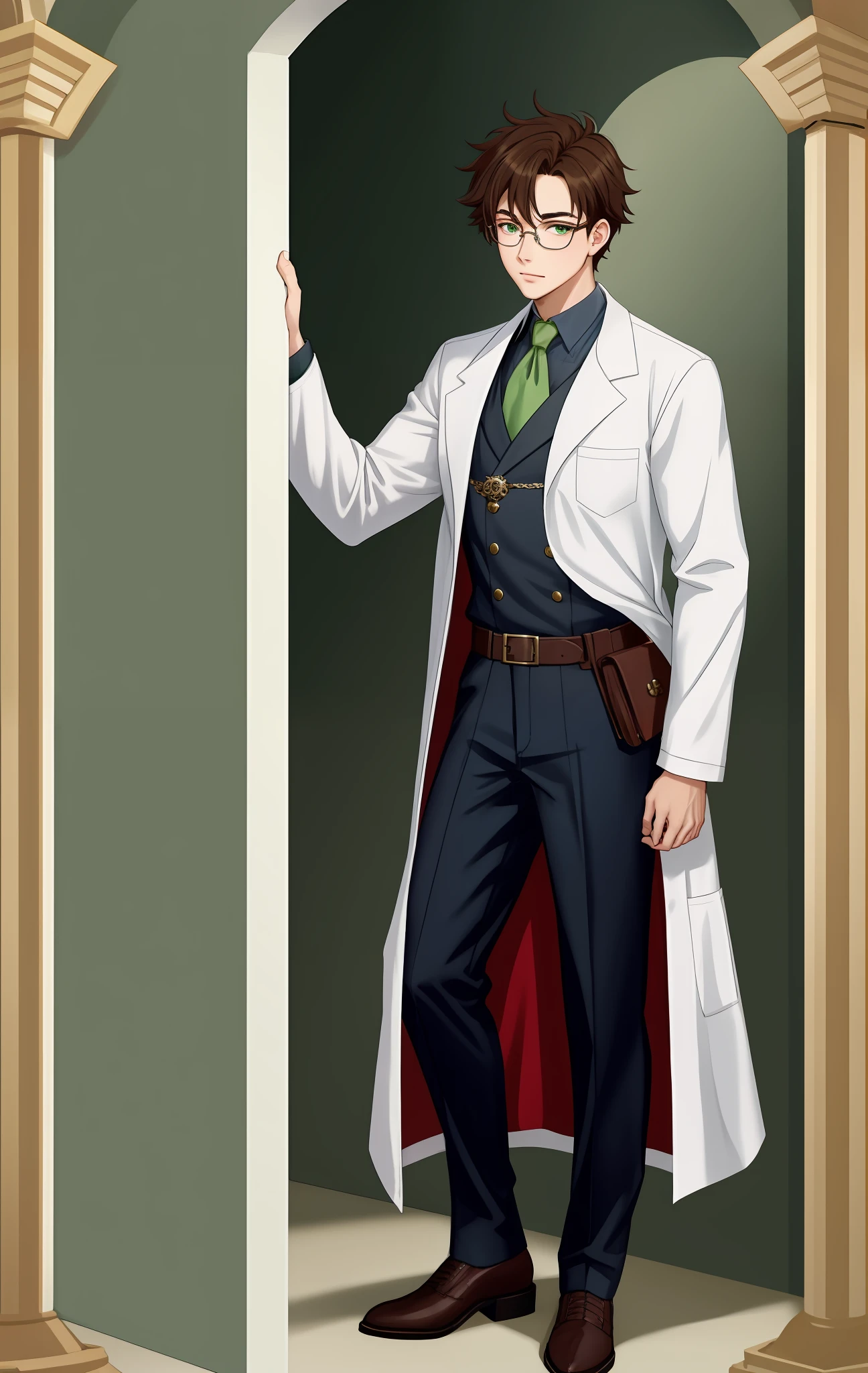 Young man wearing lab coat, green guante and glasses, messy hair, 1940s, jade gauntlet, true medieval gauntlet
