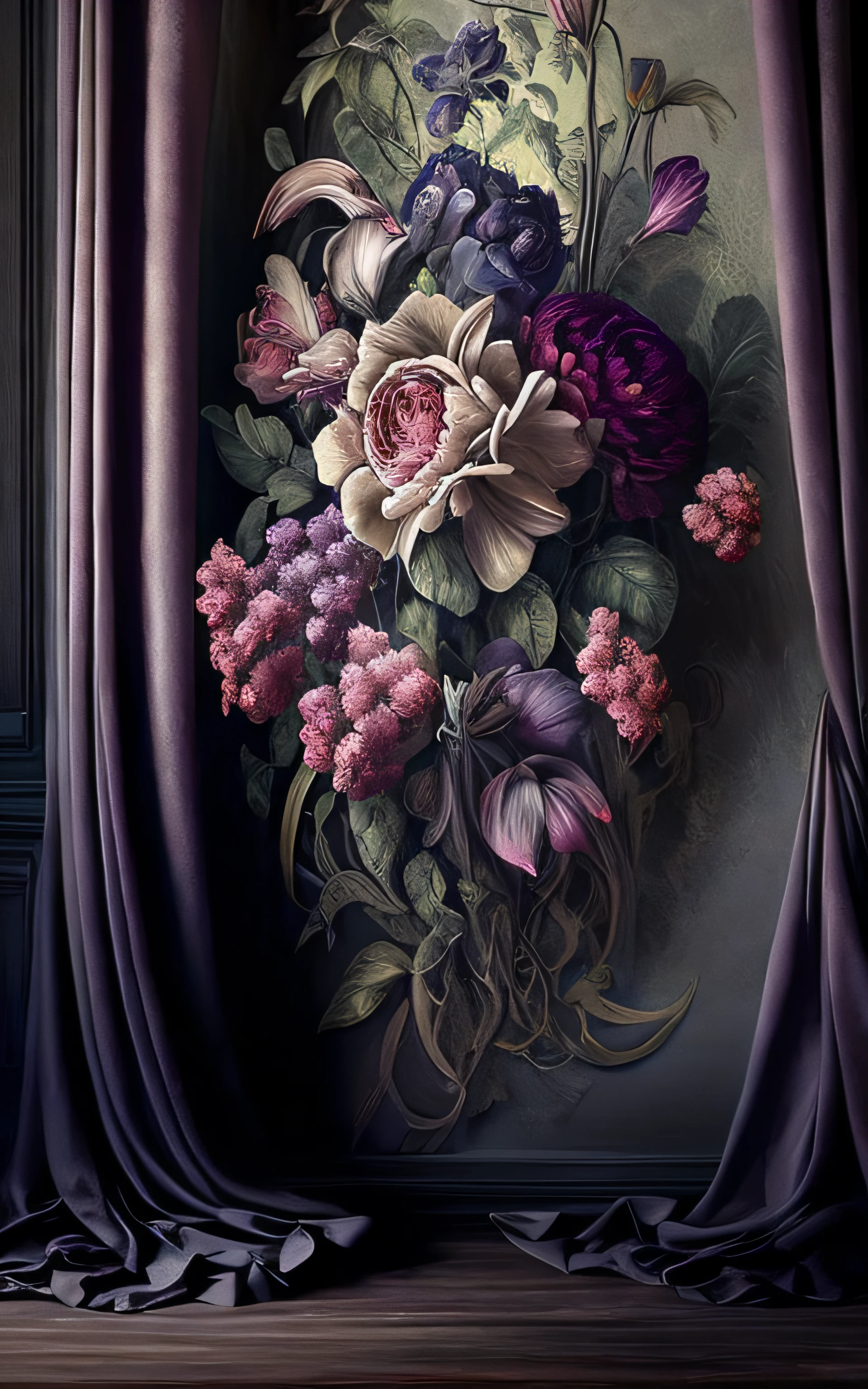 Pintura de un ramo de flores en una pared con una cortina, Pintura digital barroca, flores. Elementos barrocos, Envuelto en terciopelo y flores, Flores detalladas, Hermosa obra de arte digital, Art Nouveau hiperrealista, Elegante pintura digital, Ilustraciones digitales altamente detalladas, Flores elegantes, Arte digital oscuro pero detallado, degradados suaves. baroque period, amazing detail digital art, Pintura barroca oscura