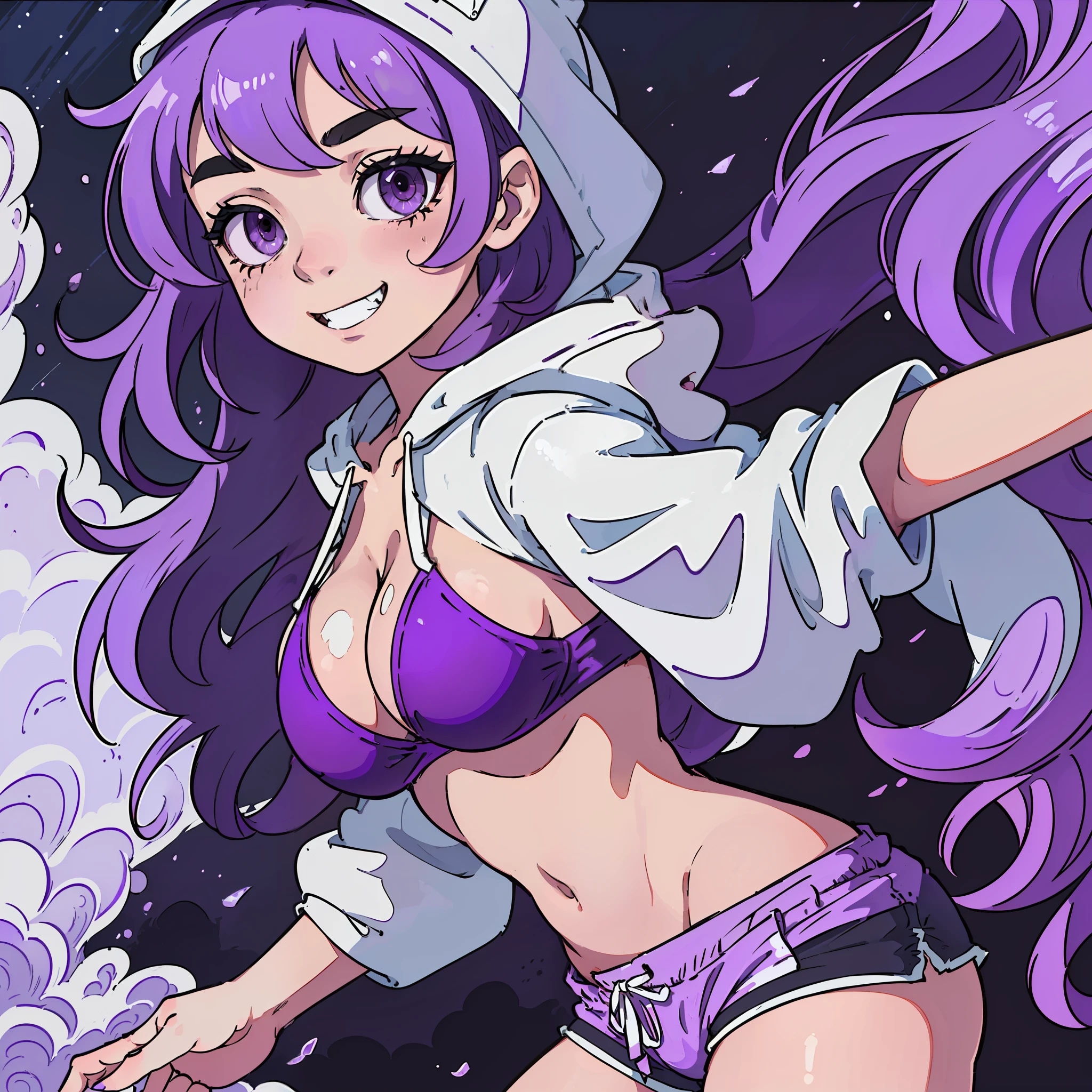 (from side:1.2),(masterpiece:1.4),(ultra detailed:1.4), watercolor(medium),[[[line art]]],(oily skin:1.2),(high quality purple eyes:1.5),solo adult lady,(very big bust:1.4),curly short lightpurple hair,tsusime,(put a hood on one's head:1.2), (bikini:1.4),(short shorts:1.3),grin,night bar