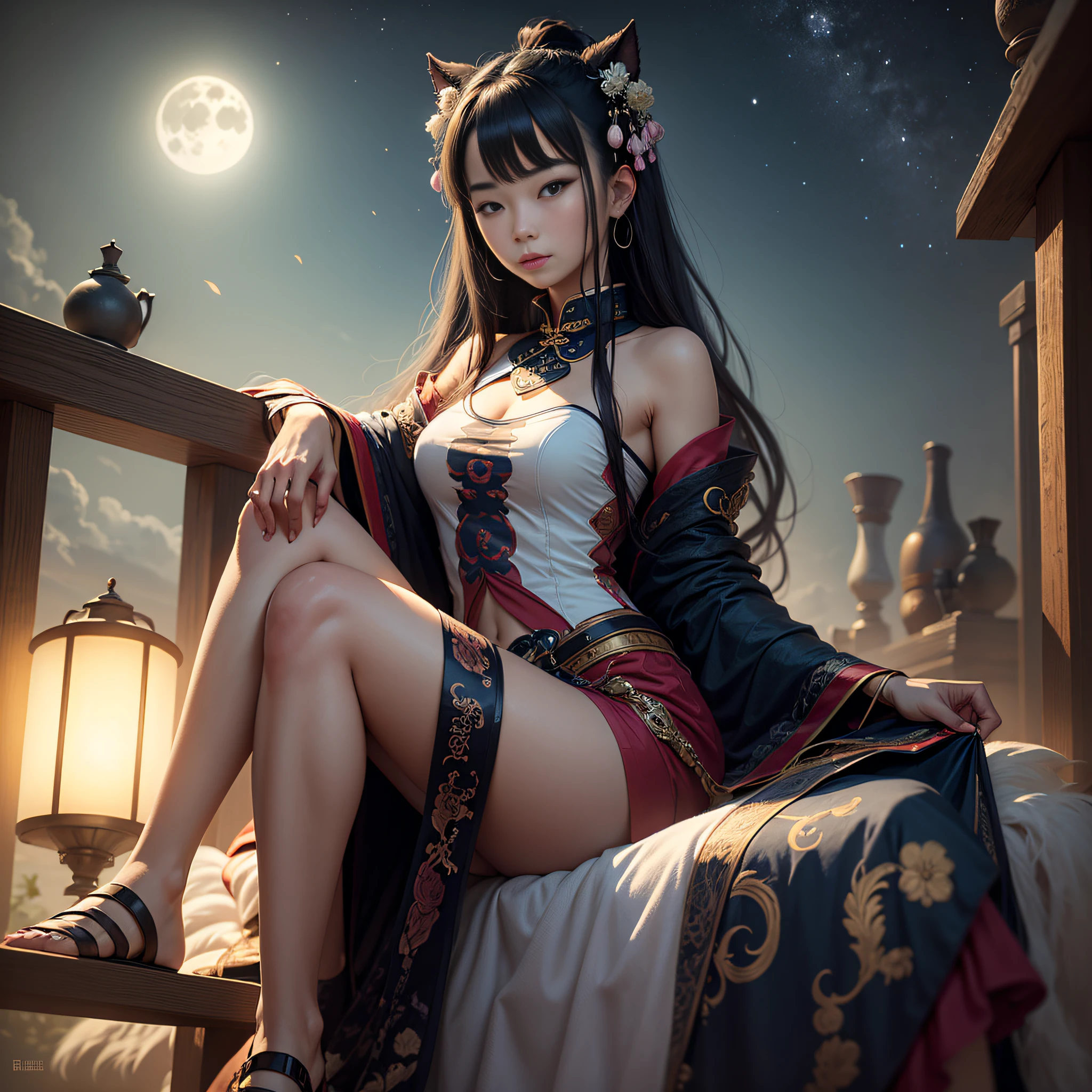 A Taoist beauty sitting in the moonlight