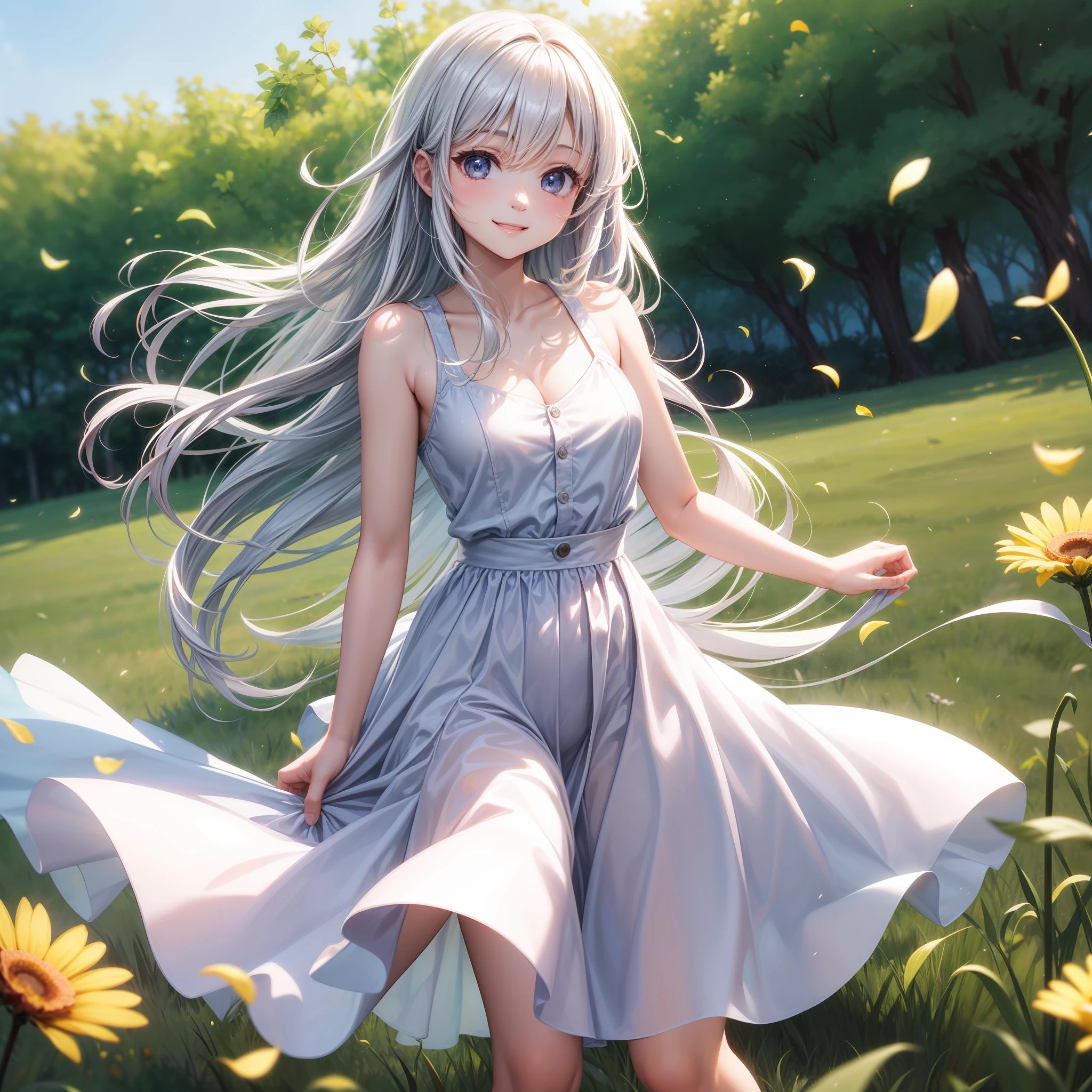 best quality、One girl、Dark eyes、smile on face、Small face、Flower kanmuri、Hair fluttering in the wind、has silver hair、Longhaire、grass field、daytime、Bright lighting、large tits、White attire、fair complexion、miniskirts、Background blur