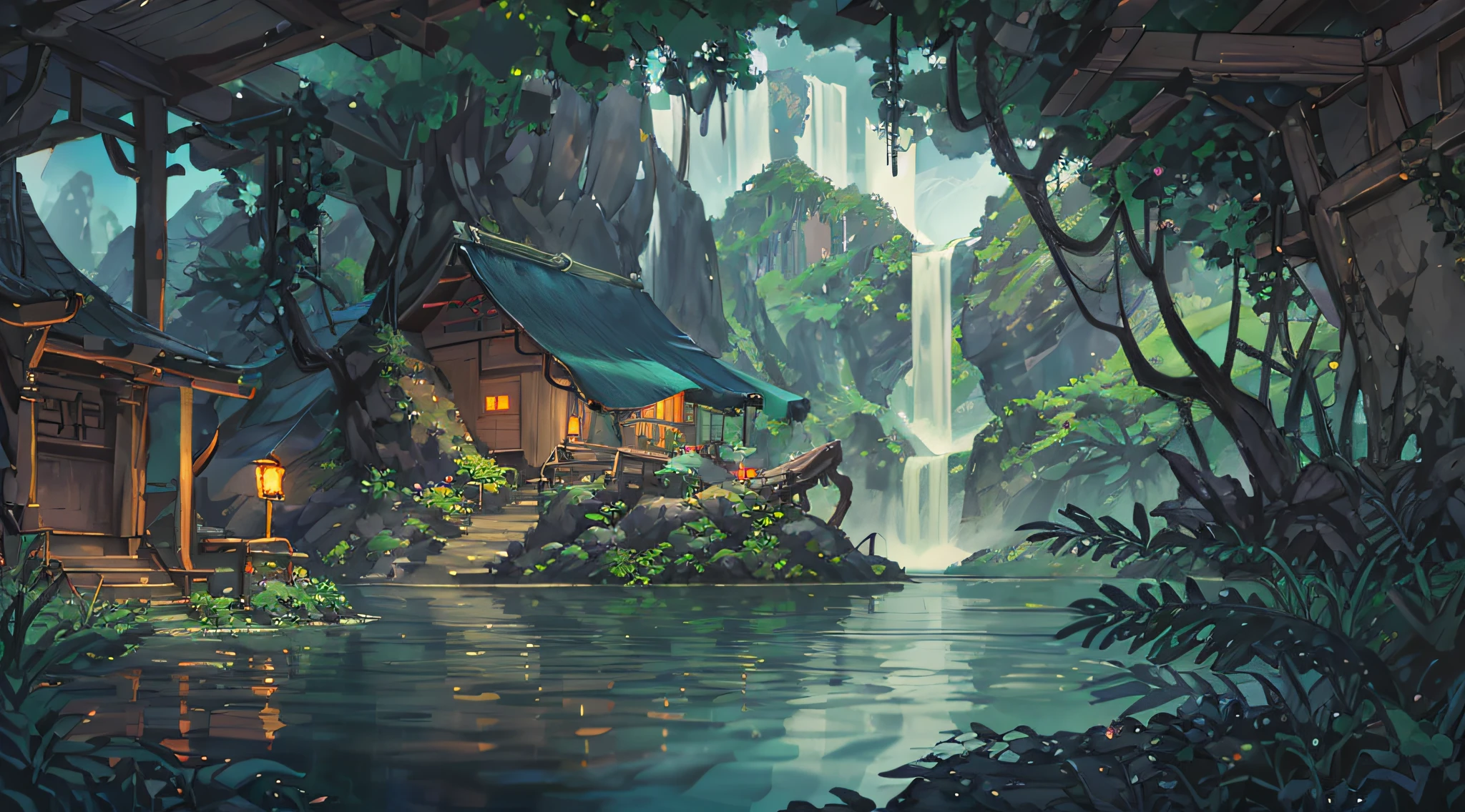 Chinese ancient times, spring, jungle, lake, cave, waterfall, tree, meadow, rock, deer, hot spring, water vapor, (illustration: 1.0), epic composition, realistic lighting, HD details, masterpiece, best quality, (very detailed CG unified 8k wallpaper)