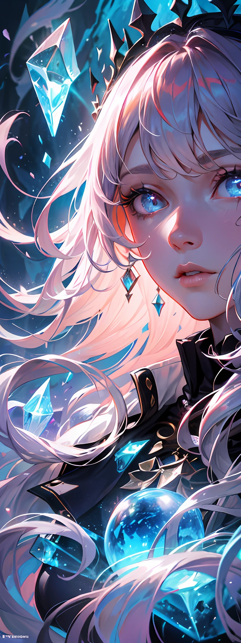 (absurdres, highres, ultra detailed), 1woman, mature female, aged up, wavy long hair, auburn hair, coral eyes, bangs, long sleeves, finely detailed eyes and detailed face, extremely detailed CG unity 8k wallpaper, intricate details, (style-swirlmagic:1.0),  looking at viewer, solo, upper body, detailed background, close up,  detailed face, (gothic dark ages theme:1.1), crystal sorcerer,  dynamic pose, earth themed clothes, crystal crown,  floating in the air, glowing magical shards, surrounded by blue magical crystals,  rock formations, stalactites,  magical floating particles, crystal glass,  crystal sphere, crystal canyon background, (shallow water:0.7),  epic ethereal atmosphere,   updraft,, portrait