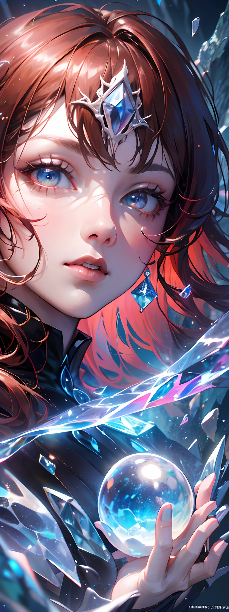 (absurdres, highres, ultra detailed), 1woman, mature female, aged up, wavy long hair, auburn hair, coral eyes, bangs, long sleeves, finely detailed eyes and detailed face, extremely detailed CG unity 8k wallpaper, intricate details, (style-swirlmagic:1.0), looking at viewer, solo, upper body, detailed background, close up, detailed face, (gothic dark ages theme:1.1), crystal sorcerer, dynamic pose, earth themed clothes, crystal crown, floating in the air, glowing magical shards, surrounded by blue magical crystals, rock formations, stalactites, magical floating particles, crystal glass, crystal sphere, crystal canyon background, (shallow water:0.7), epic ethereal atmosphere, updraft,, portrait