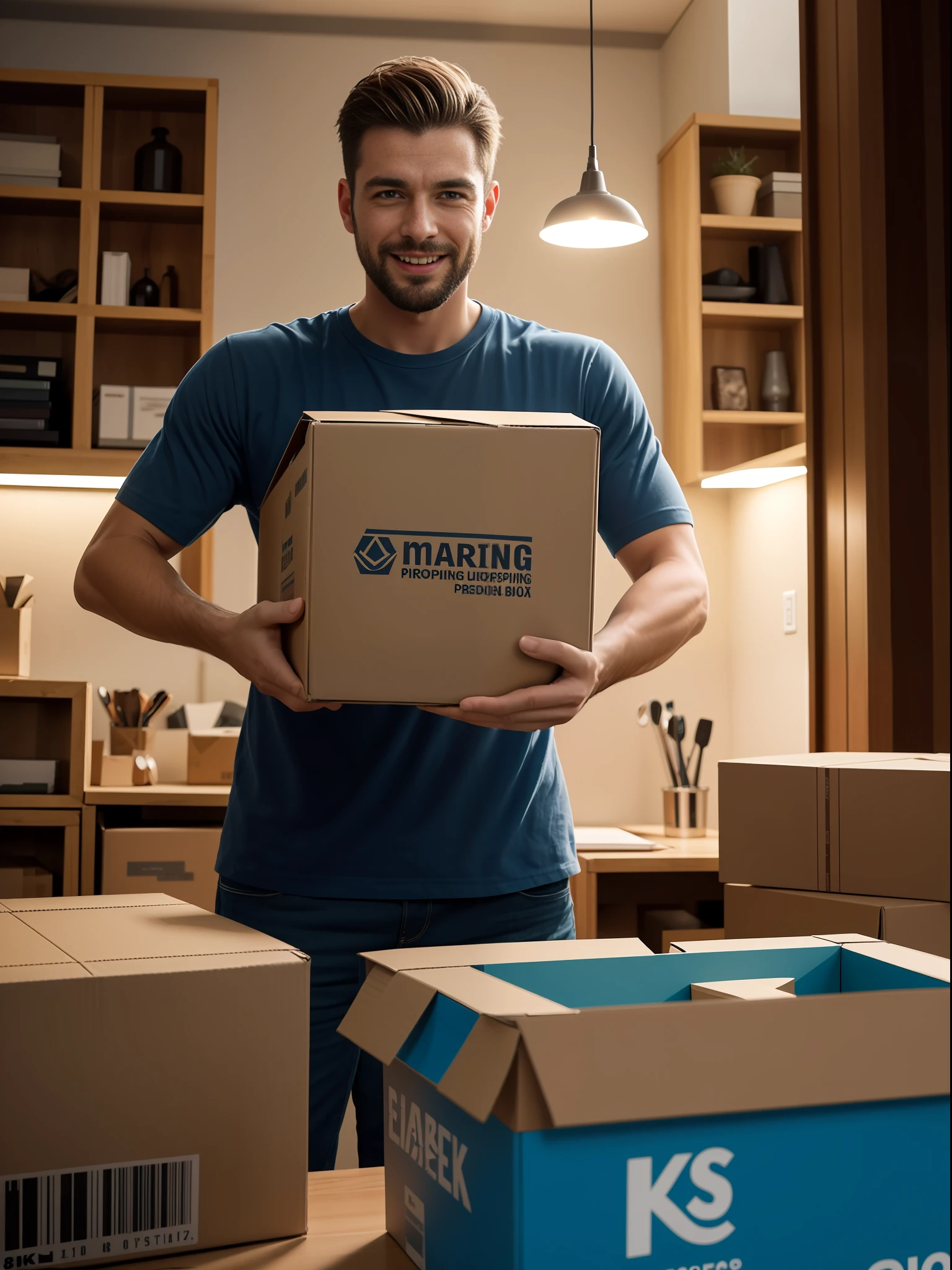 a person holding a shipping box, man centered in the photo, 8k, best quality, masterpiece, realistic, realistic photo, movie photo, ultra realistic, 1 person, detailed, perfect lighting, DSRL, professional photo, 4k ,Blue lighting ,Happy expression