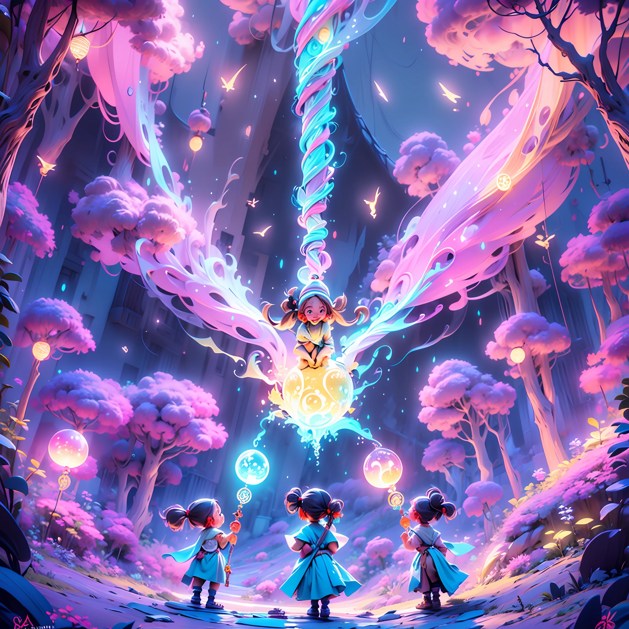 Fire Elves，Water Elves，Earth elves，wind wizard，Thunder Elf，Little cute，super adorable，Five pokemon，Flying elves，enchanted，Fantastical magic（Stand in the magic array：1.2），Summon the magic array，（swirls of magic：1.1），The scene is grand，wideshot, pov, （epic scene：1.2），rich colours，psychedelia，nmasterpiece，detailled，Best quality，