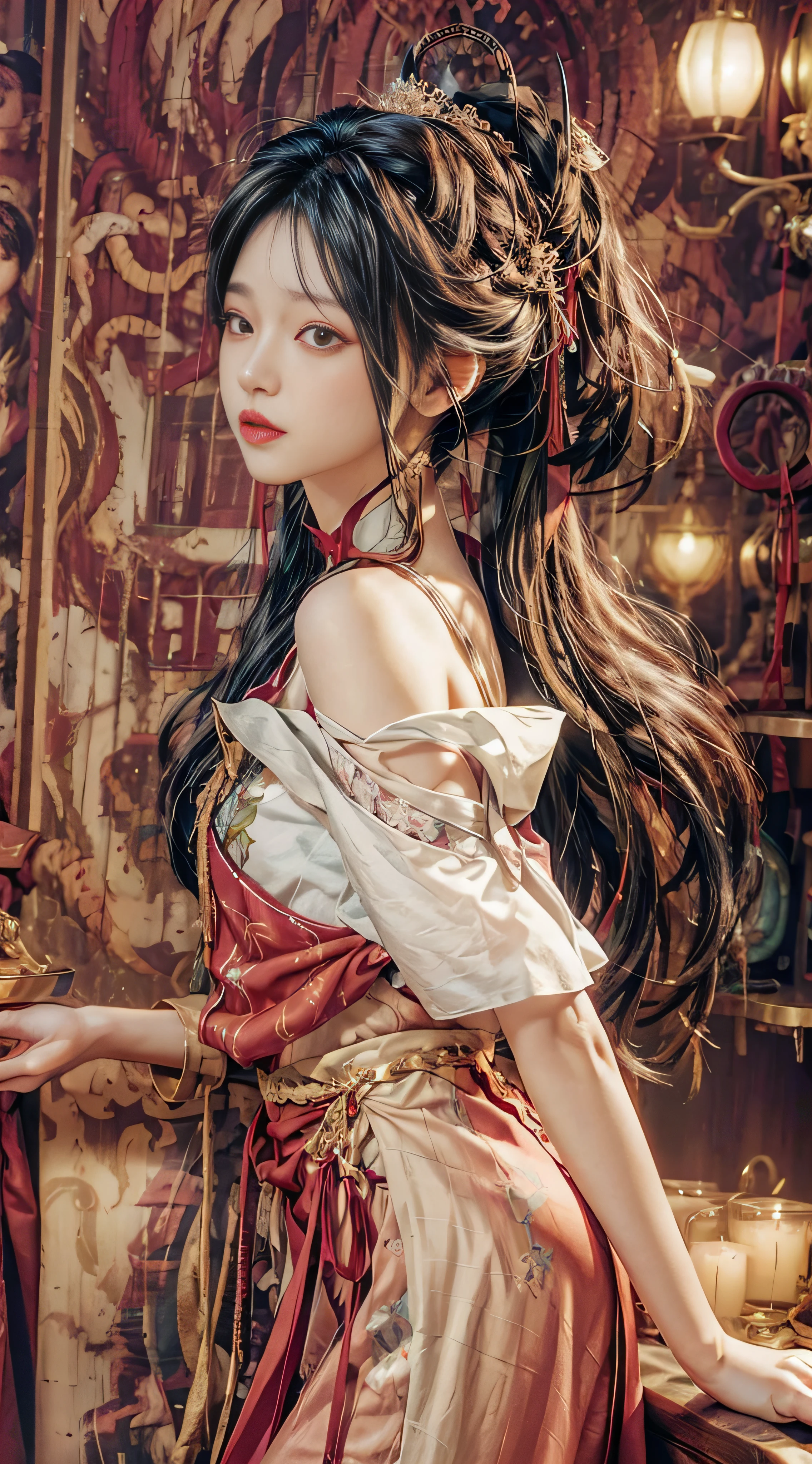 Extra-long hair,off shoulders,