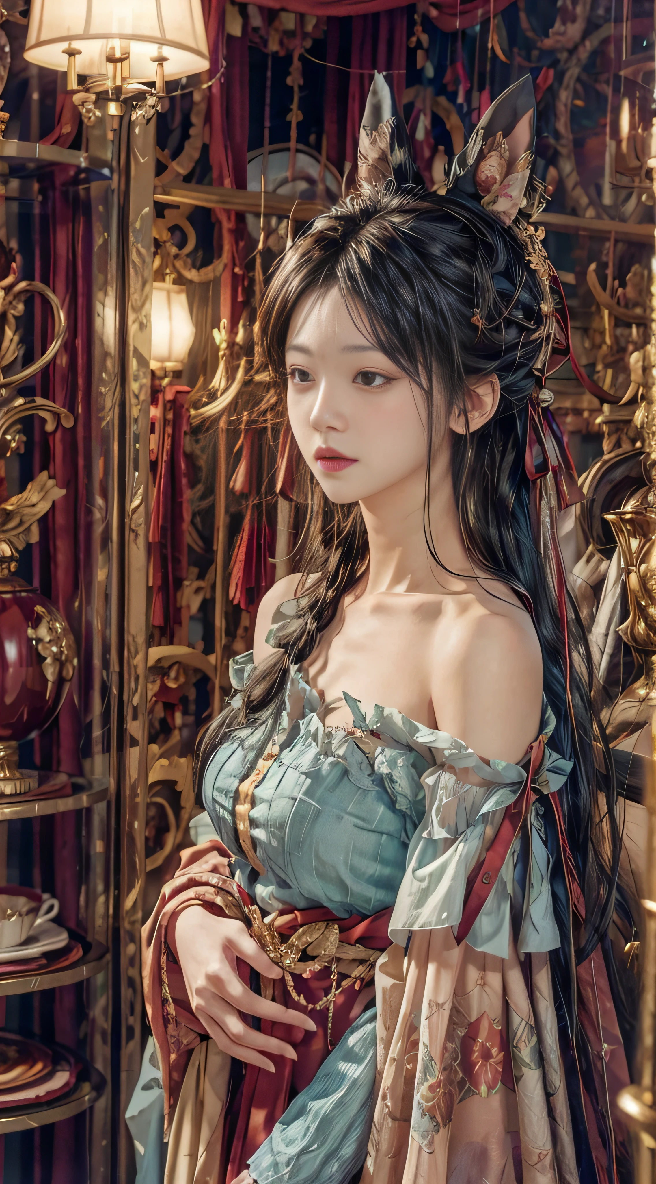 Extra-long hair,off shoulders,