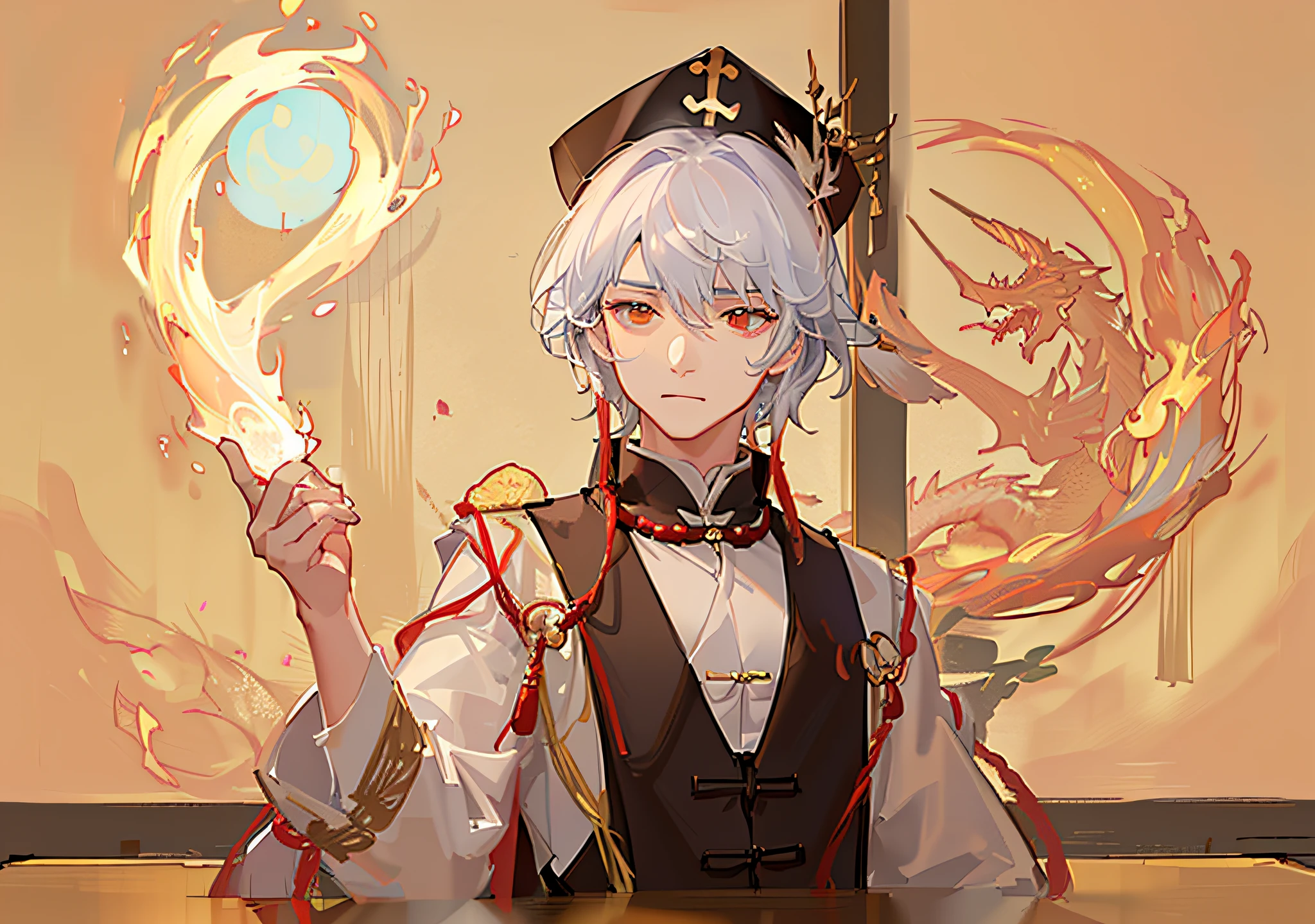 There was a Taoist priest holding a burning talisman paper in his hand, He is casting a spell, Taoist cap,Taoist uniform,The background is a dragon hidden in the clouds