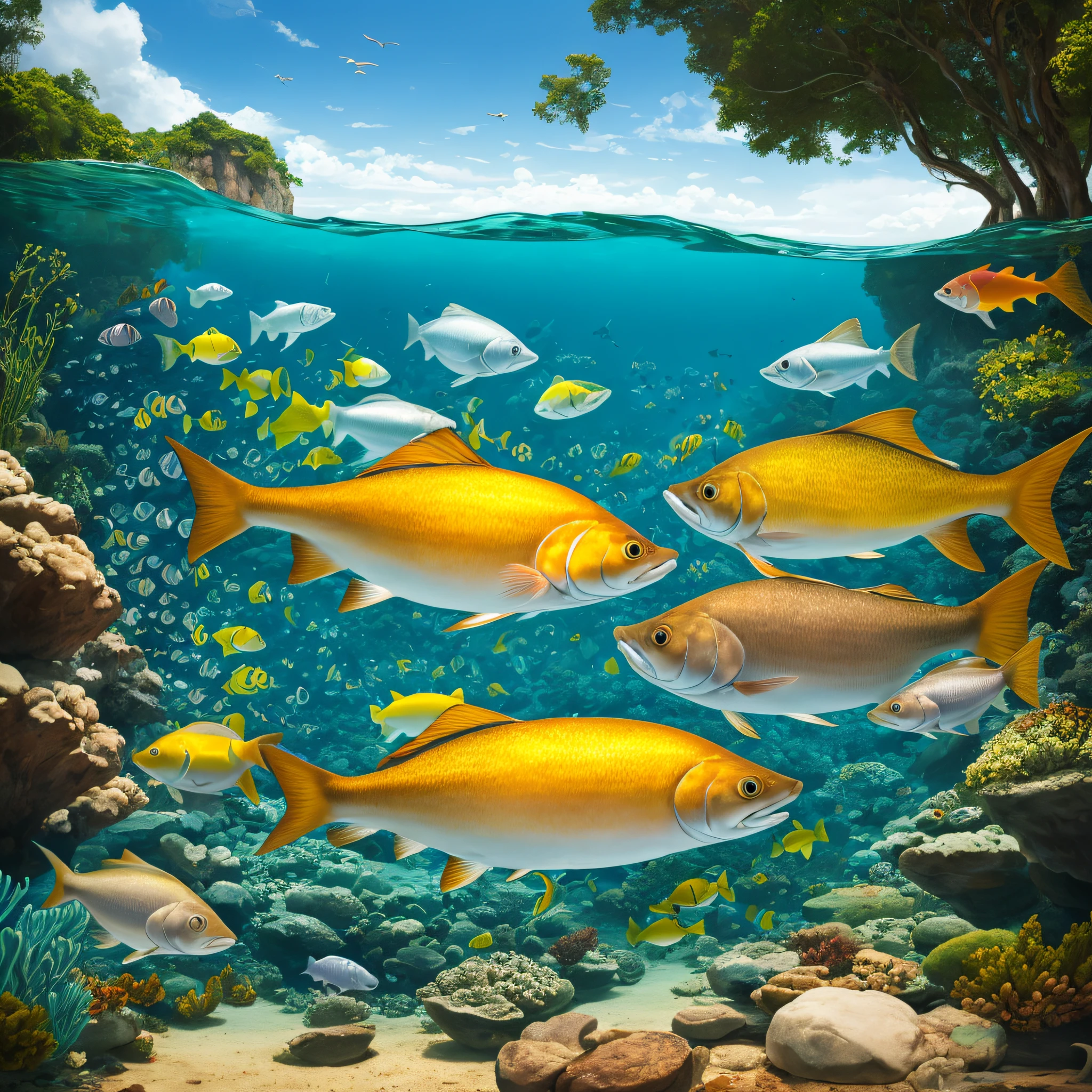 foto realista -- obra de arte -- imagem tridimensional de peixes saltando para fora da tela -- surreal-- maxima qualidade -- hiper realismo --auto