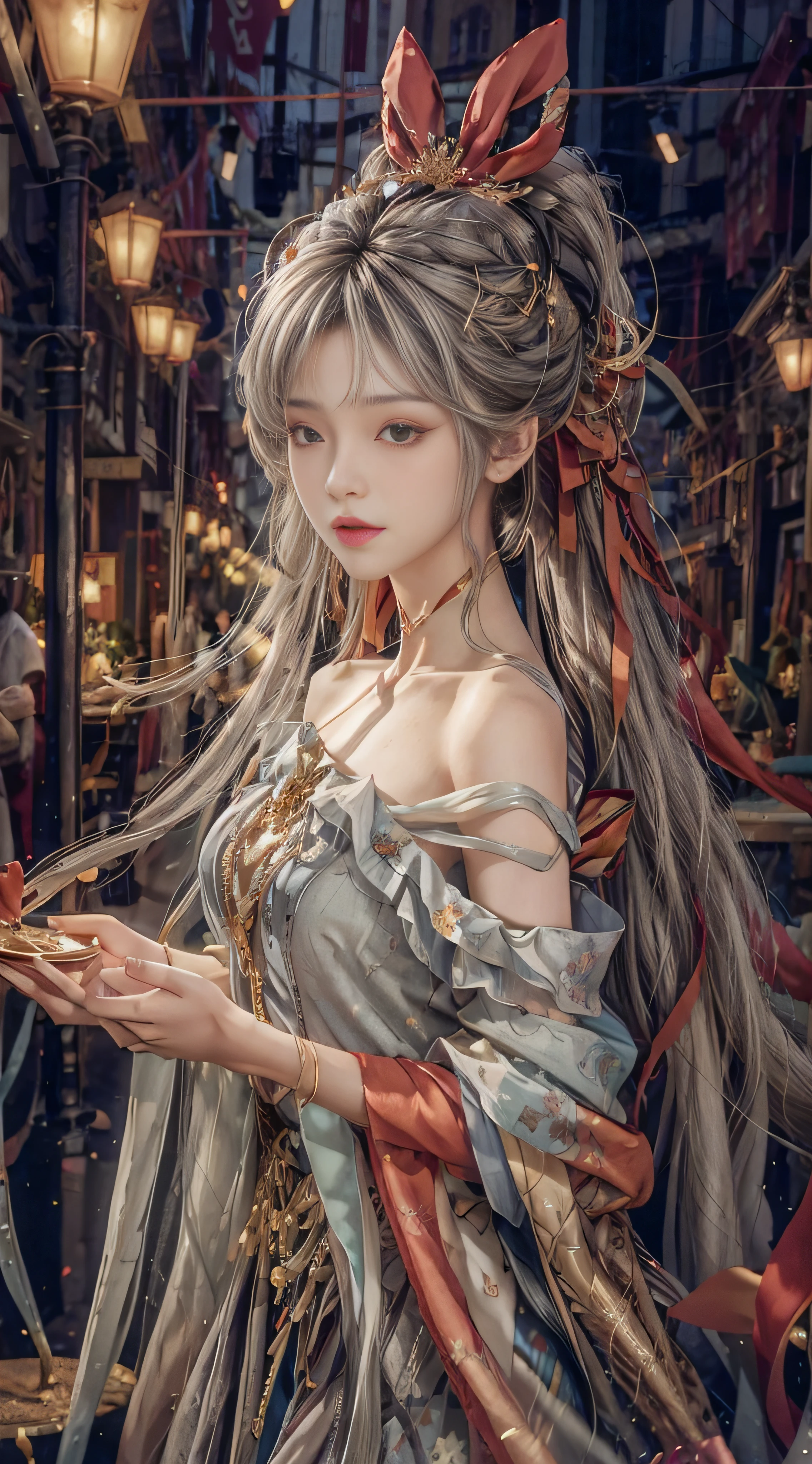 Gray hair，Extra-long hair，off shoulders，Internet celebrity beauty