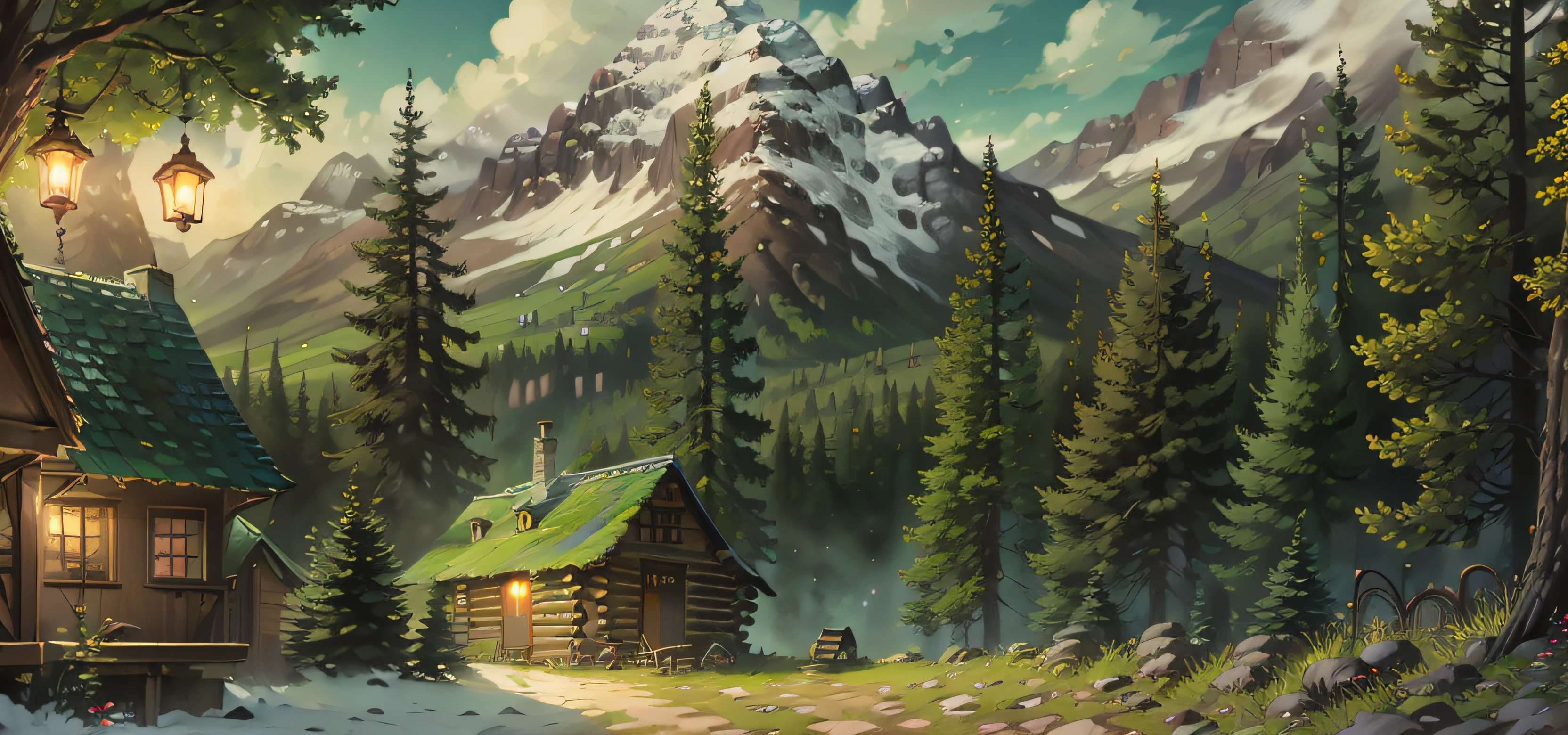 pine forests,Little squirrel,log cabin,rivulets,Mountains in the distance,bright and sunny,warm lights,ultra detaile,Big trees nearby