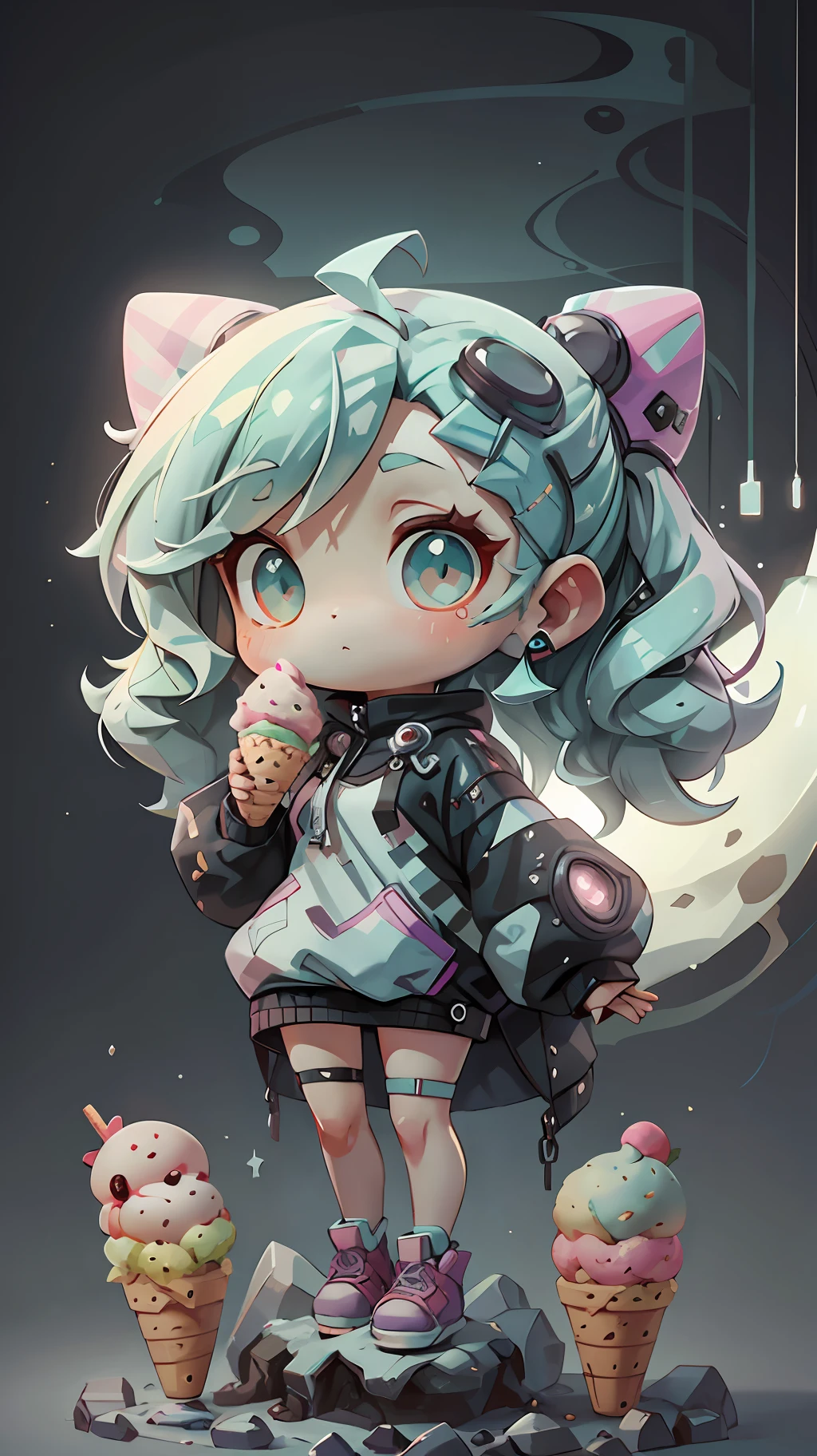 plastican00d, 1girls, Chibi T-Shi, Redhead,cyperpunk, Luxury fabrics, dither, Ice cream texture,Profound, Striped background