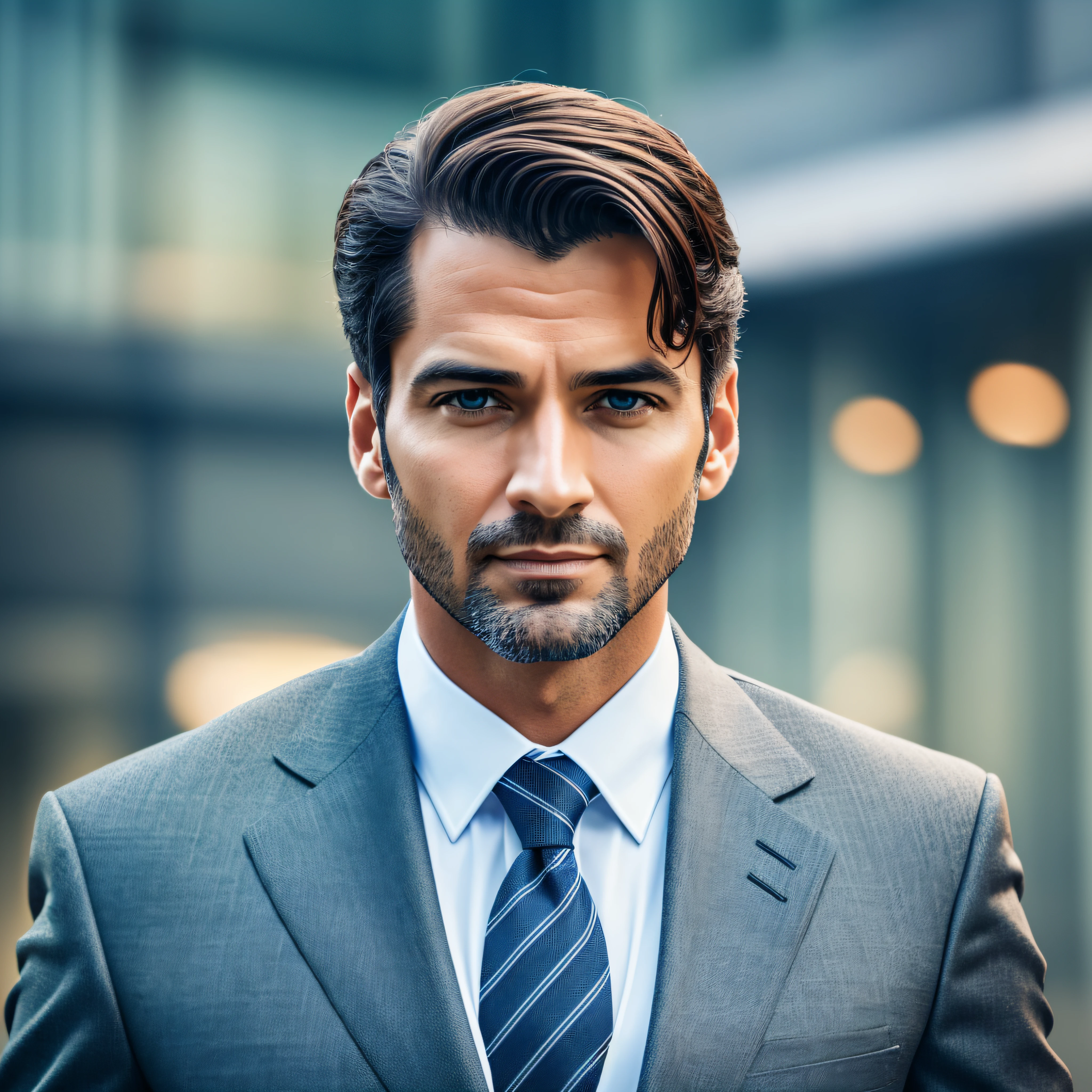 a Man standing with 30 years in suit and tie, body and head straight in the photo, facing the viewer of the photo, eyes fixed to the lens, appears shoulders and head in the photo, man centered in the photo, 8k, best quality, masterpiece, realistic, realistic photo, movie photo, ultra realistic, 1 person, detailed, perfect lighting, DSRL, professional photo, 4k --auto --s2