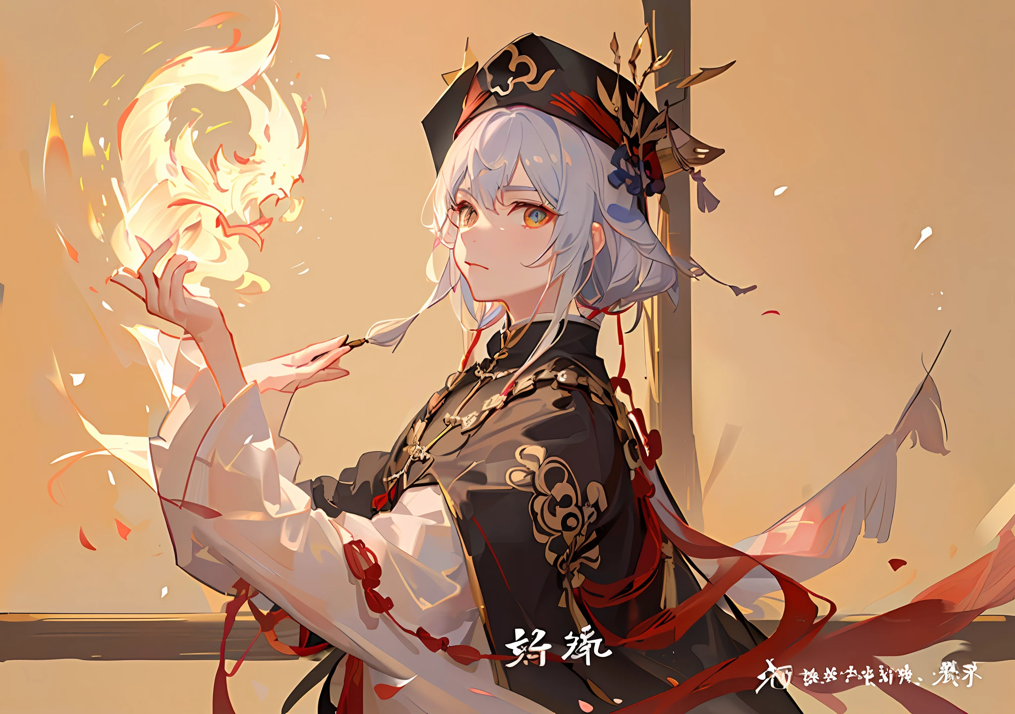 There was a Taoist priest holding a burning talisman paper in his hand,  He is casting a spell, Taoist cap，Taoist uniform，The background is a dragon hidden in the clouds