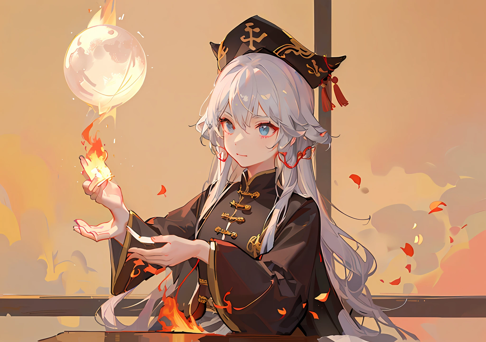 There was a Taoist priest holding a burning talisman paper in his hand, He is casting a spell, Taoist cap,Taoist uniform,The background is a dragon hidden in the clouds