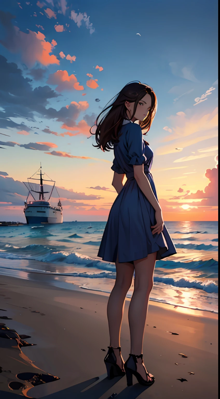 ((woman standing on the beach)), (blue dress), brown hair, (white clouds), sunset, ships far away in ocean