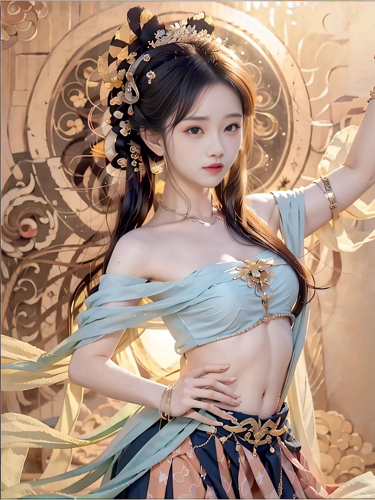 Bust photo, face close-up, face shot, a beautiful woman, messy hair, girly, symmetrical bun, hair accessories, jewelry, delicate face, (suspenders: 1.5), (high split lower skirt 1.7), (many patterns: 1.5), crop navel, open belly, Dunhuang style, a lot of streamers, delicate skin, soft light effect, delicate and smooth hair, delicate details, eye highlights, fair skin, fine portrayal, extreme details, cinematic quality, thin, slender, broken, hair details, thin bangs, shawl hair, right body, shadow, air bangs, 8K, super fine, fine fabric texture, soft, smooth, smooth texture, ((Dunhuang style)) )))), delicate patterns, correct hand painting,