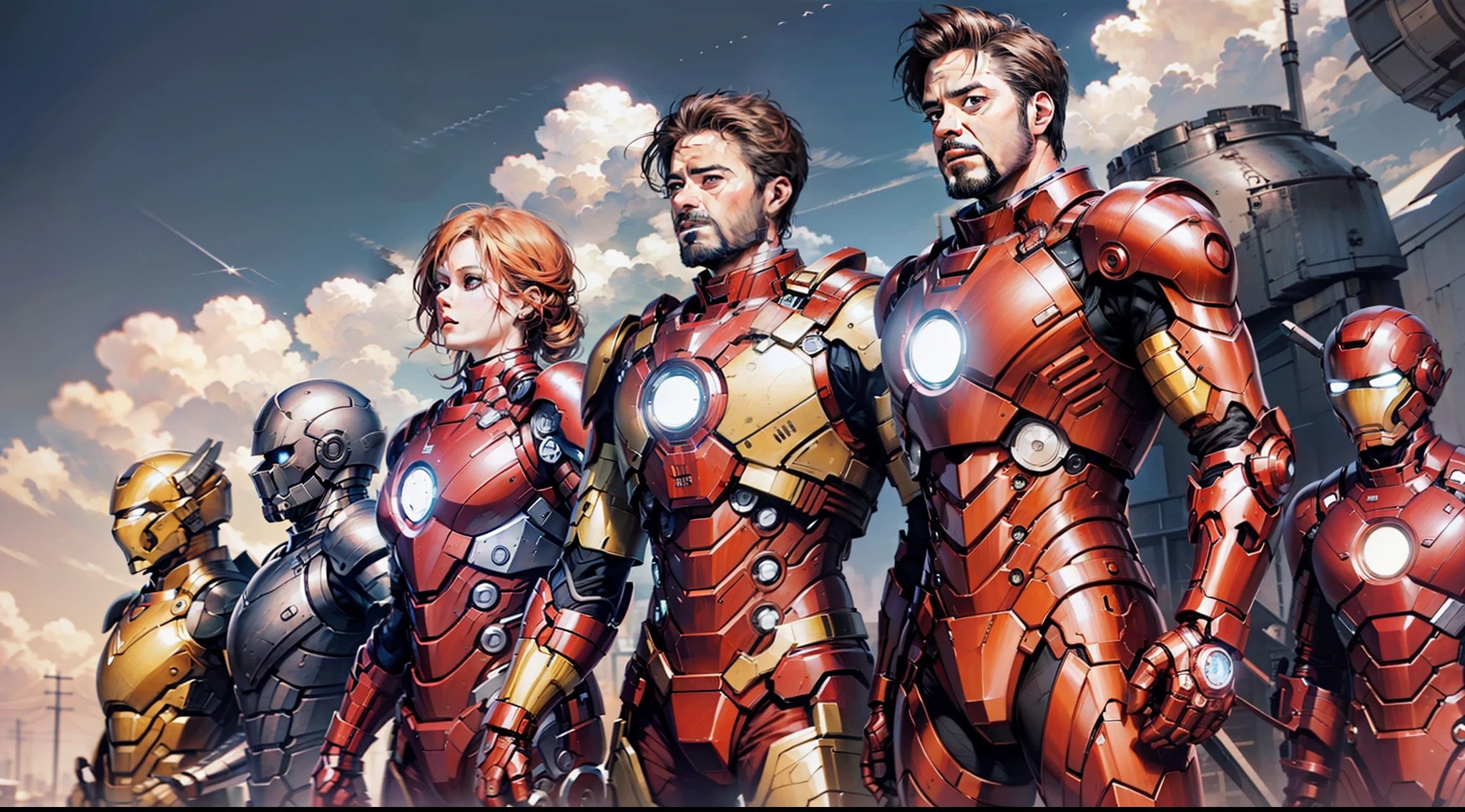 Robert Downey, Jr. role as Tony Stark / Iron man (Iron Man), natural facial expression, beautiful hairstyle, impressive, dapper, award winning, is a true masterpiece of masculine beauty, the face like in the movie, complete the anatomical perfection of a man of steel standing tall in an abandoned city. The studio lighting accentuates the armor which adds to his confidence. The landscape is lush and mysterious, with the dark city and its surroundings. The camera details everything. When looking at beautiful eyes, having sexy eyes will attract people. His eyes are on the viewer, you can clearly see every little detail and every perfect line, every beautiful skin detail with 8K quality, people are captivated by the confidence exuded from every glance. His head is framed with black hair and his face is painted with meticulous detail using 8K quality images."