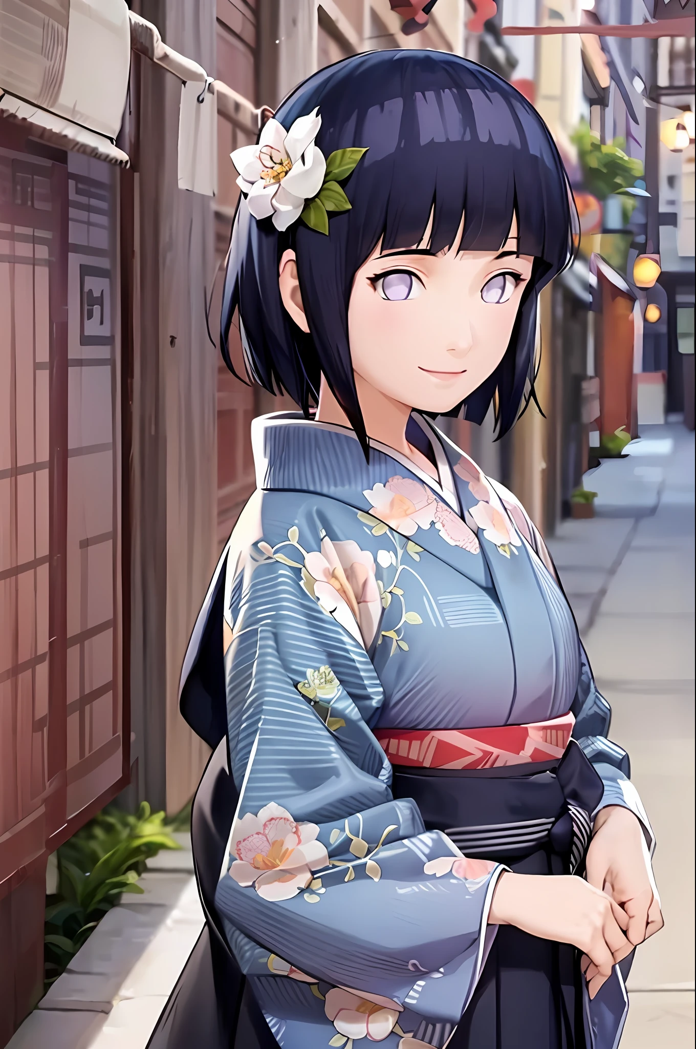 hakama skirt, 1girl, solo, outdoor, cute japanese model girl, floral print, hair ornament, kimono, hakama, bangs, masterpiece, best quality, purple eyes, dark blue hair, short hair, blunt bangs, smile, cute, pretty, beautiful, detailed character, hinata, child