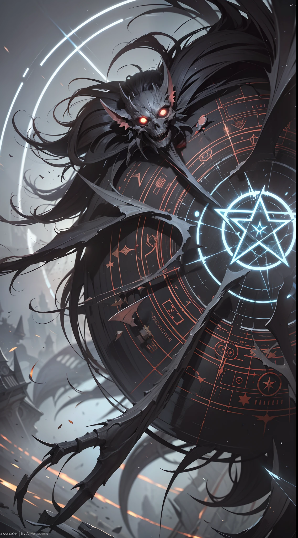 (Very detailed 8K wallpapers), The middle ground of a terrifying necromancer,magic, Bright magic, Pentagram, Magic Circles, sparks, intricated, The highly detailed, dramatic