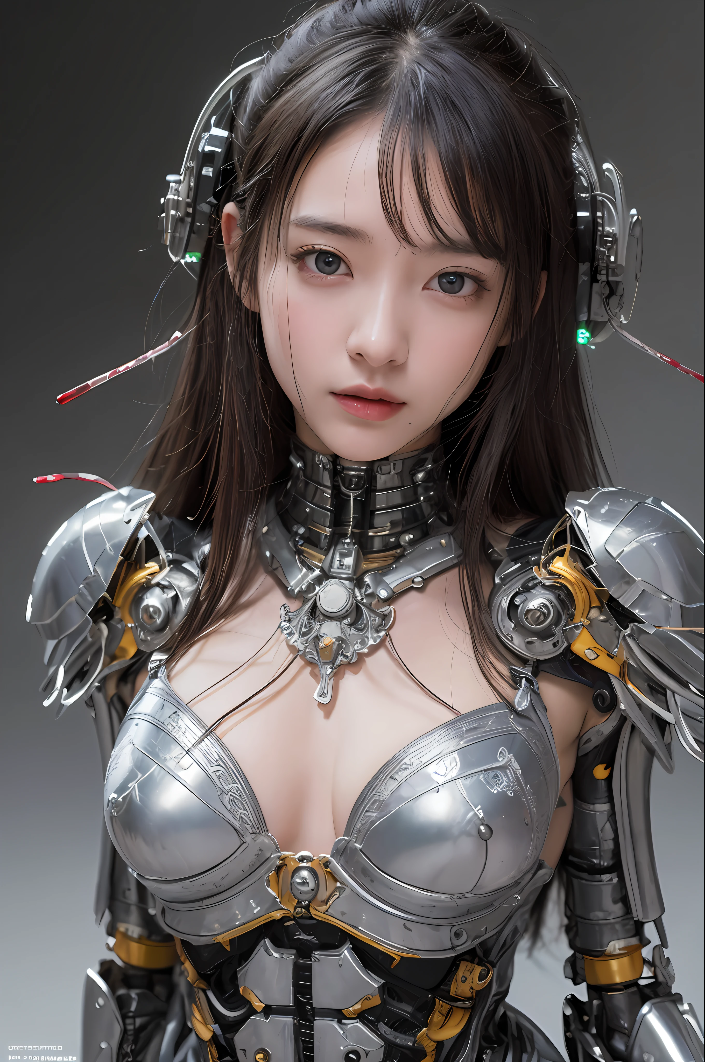 best quality、A masterpice、UltraHighResolution、(photorealestic:1.4)、Raw photo、女の子1人、Black hair、glowy skin、1 Cyborg Girl、((hyper-realistic details))、portlate、Global Illumination、Shadow、Rendu octane、8K、ultrasharp、HugeBoobs、Raw skin is exposed in cleavage、metals、Details of complex ornaments、Sumerian details、high intricate details、Realistic light、CGSoation Trends、purple colored eyes、glowing eye、Facing the camera、neon details、Mechanical limbs、blood vessels connected to tubes、Mechanical vertebrae attached to the back、mechanical cervical attaching to neck、sitting on、Wires and cables connecting to the head、Small LED lamps、Glowing tube、The background is the laboratory of the future、