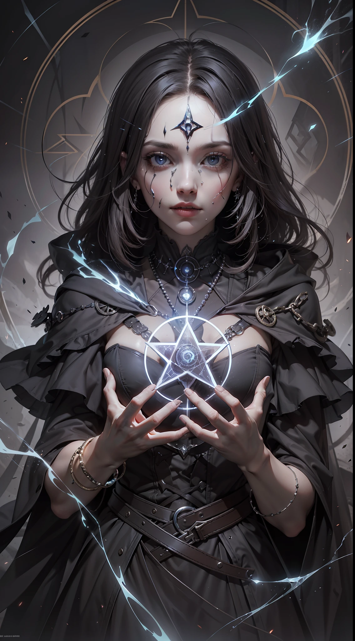 (Very detailed 8K wallpapers), The middle ground of a terrifying necromancer,magic, Bright magic, Pentagram, Magic Circles, sparks, intricated, The highly detailed, dramatic