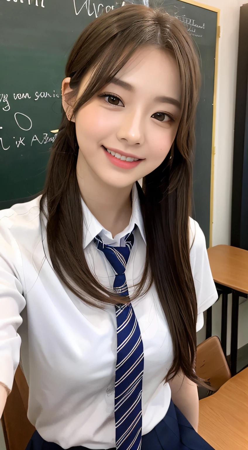 Very detailed 8k wallpaper)、sharp-focus、in detail、drama、Delicate and beautiful schoolgirl、15yearsold、Sheer white shirt、necktie、Dark blue pleated micro mini、light brown-hair、Smooth pigtails、hair ornament、Sexy、smile on face、Peek at the viewer、Beautiful graphics、Bright school building、Full of students、Show me your whole body、sitting in the chair、