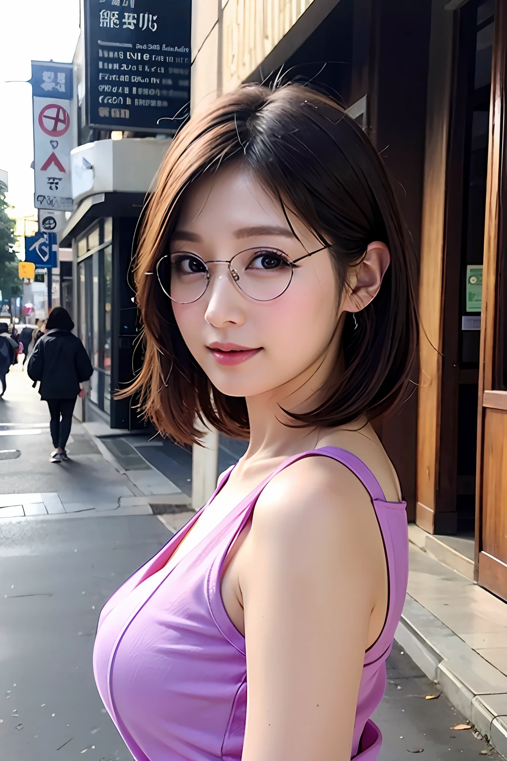 8K、Raw photography、beste Quality、巨作、Realstic、photorealestic、Woman posing on street corner in lilac clothes、1 persons、独奏、(HugeBoobs)、Brighter、al fresco、sleeveless dresses、eye glass、short hairs、Beautiful detailed sky、earring beautiful、 Upper bust、Soft lighting、Vents、shinny skin、looking the viewer