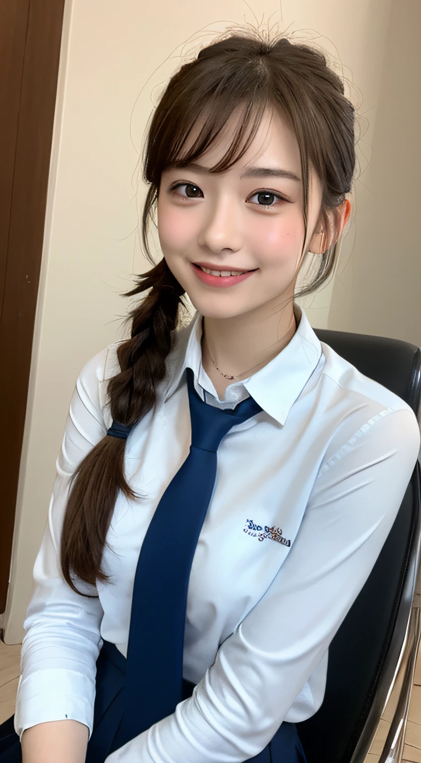 Very detailed 8k wallpaper)、sharp-focus、in detail、drama、Delicate and beautiful schoolgirl、yearsold、Sheer white shirt、necktie、Dark blue pleated micro mini、light brown-hair、Smooth pigtails、hair ornament、Sexy、smile on face、Peek at the viewer、Beautiful graphics、Bright school building、Full of students、Show me your whole body、sitting in the chair、