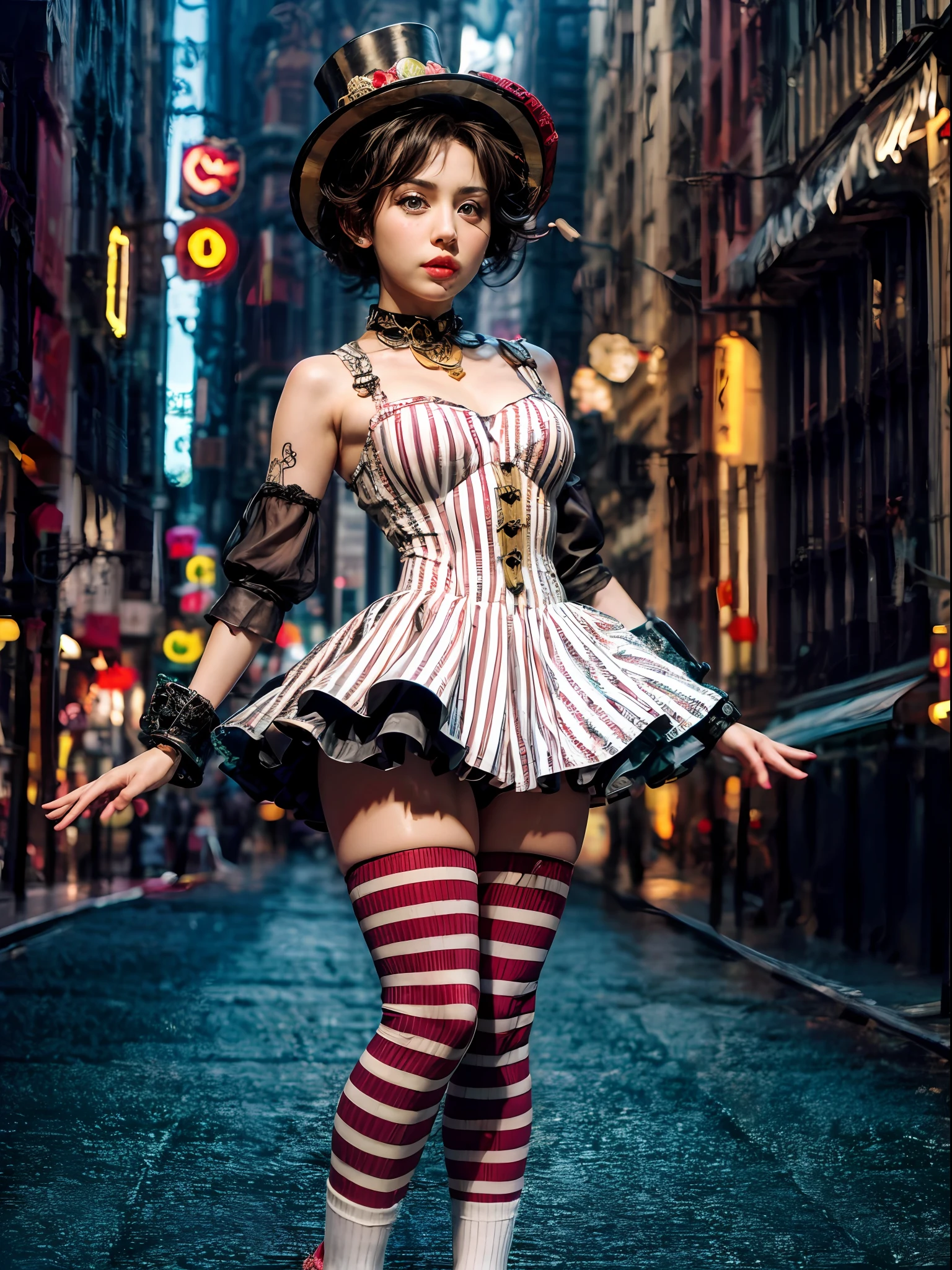 Award-winning shot of a cute steampunk Miley Cyrus wearing a stylish steampunk outfit in a New York street, victorian Age dressing, (red and white striped women's socks), intricated steampunk top hat, cinematic, natural light