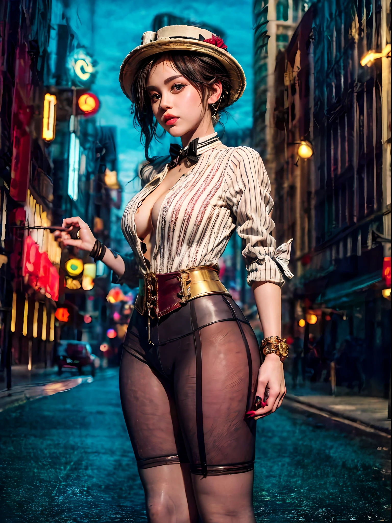 Award-winning shot of a cute steampunk Miley Cyrus wearing a stylish steampunk outfit in a New York street, victorian Age dressing, (red and white striped women's socks), intricated steampunk top hat, cinematic, natural light