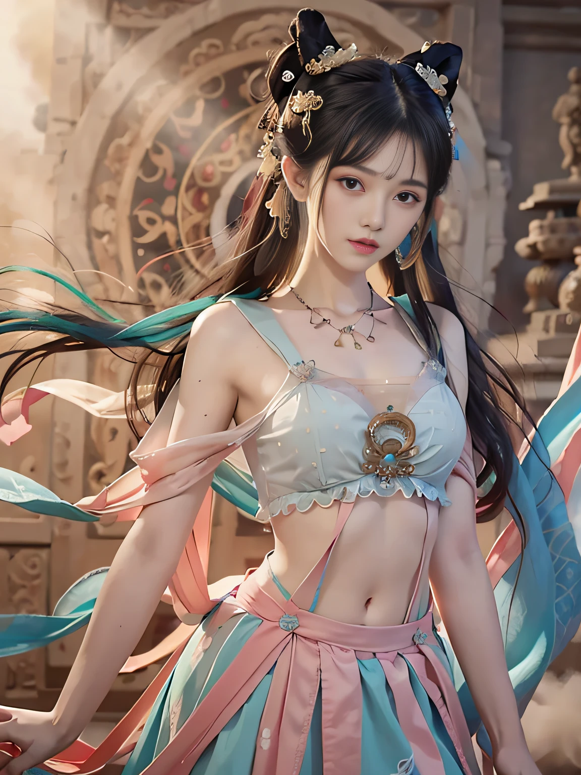 Bust photo, face close-up, face shot, a beautiful woman, messy hair, girly, symmetrical bun, hair accessories, jewelry, delicate face, (suspenders: 1.5), (high split lower skirt 1.7), (many patterns: 1.5), crop navel, open belly, Dunhuang style, a lot of streamers, delicate skin, soft light effect, delicate and smooth hair, delicate details, eye highlights, fair skin, fine portrayal, extreme details, cinematic quality, thin, slender, broken, hair details, thin bangs, shawl hair, right body, shadow, air bangs, 8K, super fine, fine fabric texture, soft, smooth, smooth texture, ((Dunhuang style)) )))), delicate patterns, correct hand painting,