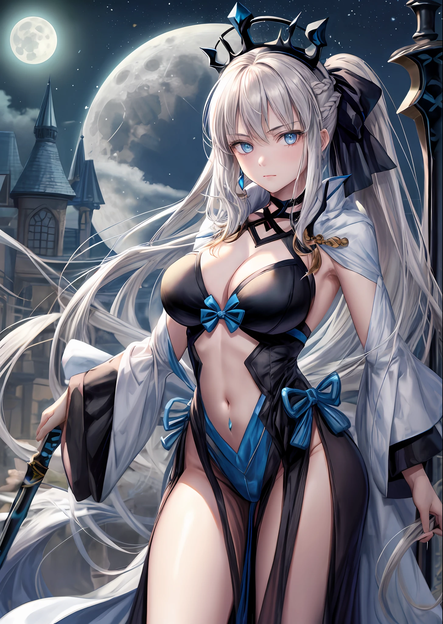 Masterpiece, Best Quality,a 1girl, Breast, morgan le fay (fate), 独奏, blue eyes, Long Hair, pony tail, bow, braid, weapons, cleavage, Very long hair, big boob, black bow, looking at viewer, s robe, Hair Bow, hips, hips, black dress, Bangs, sidelocks, French braid, pelvic curtain, grey hair, a moon