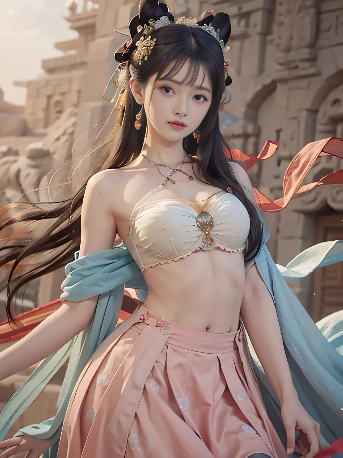 Bust photo, face close-up, face shot, a beautiful woman, messy hair, girly, symmetrical bun, hair accessories, jewelry, delicate face, (suspenders: 1.5), (high split lower skirt 1.7), (many patterns: 1.5), crop navel, open belly, Dunhuang style, a lot of streamers, delicate skin, soft light effect, delicate and smooth hair, delicate details, eye highlights, fair skin, fine portrayal, extreme details, cinematic quality, thin, slender, broken, hair details, thin bangs, shawl hair, right body, shadow, air bangs, 8K, super fine, fine fabric texture, soft, smooth, smooth texture, ((Dunhuang style)) )))), delicate patterns, correct hand painting,