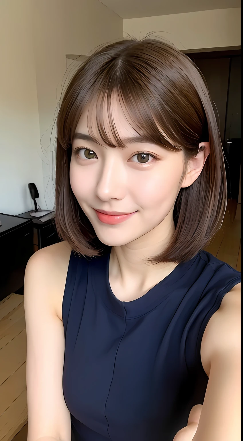 ((Best Quality, 8K, Masterpiece: 1.3)), 1 Girl, Slim Abs Beauty: 1.3, (Hairstyle Brown Hair Shortcut, Big: 1.2), Dress: 1.1, Super Slender Face, Delicate Eyes, Double Eyelids, Smile, Home, Raw Photo