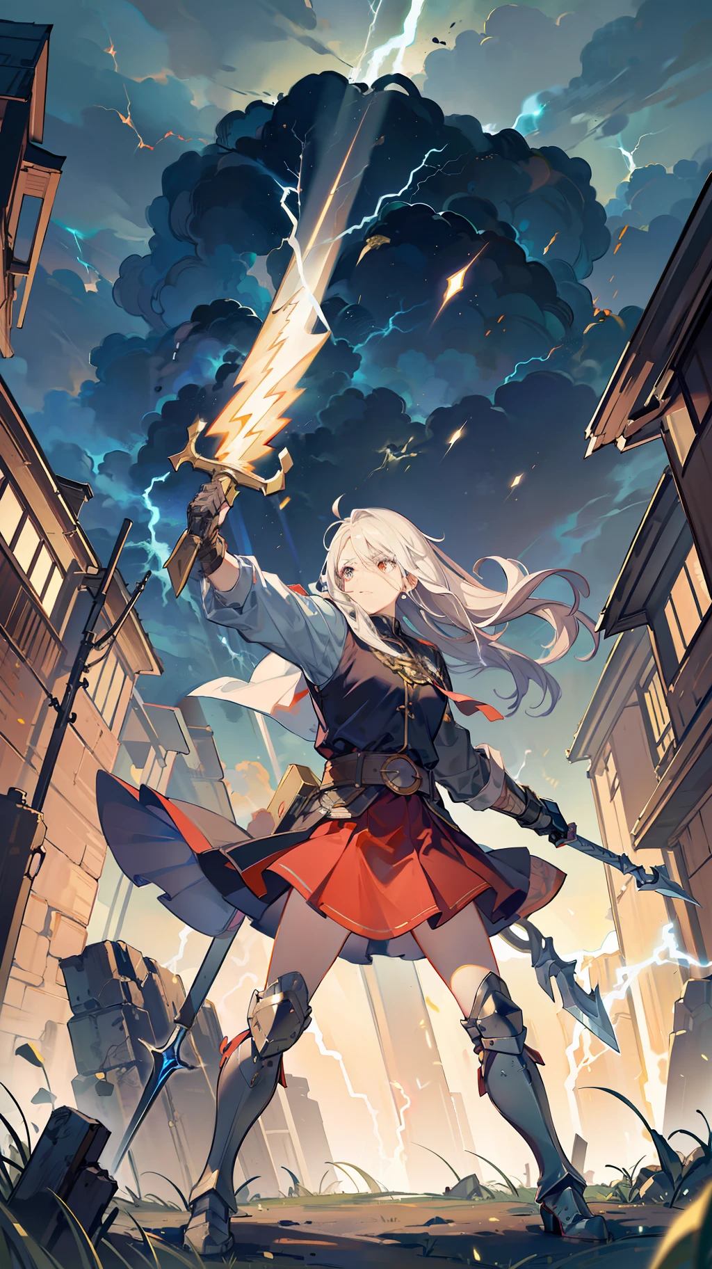 Anime,masterpiece,Cinematic Lighting,exquisite facial features,armored boots,armored skirt,v-shaped eyebrows,glowing eyes,bandaid on arm,male, Arkights, long windbreaker, long hair, huge hammer, Thor, metal belt, metal gloves, lightning surrounding the weapon,, Storms, lightning, metal cities