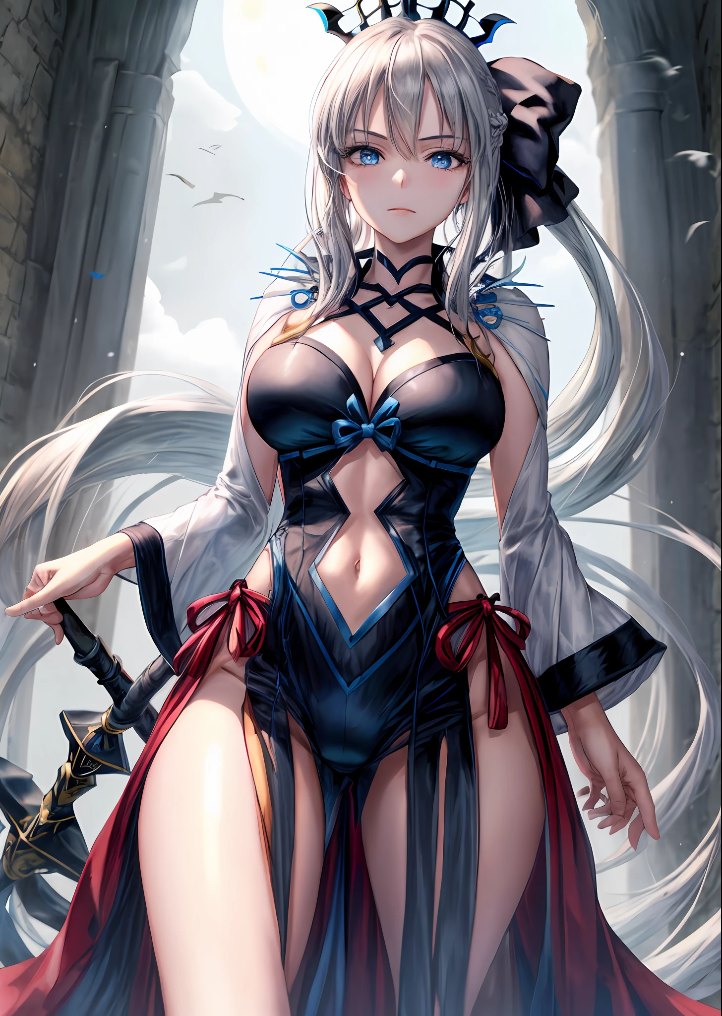 Masterpiece, Best Quality,a 1girl, Breast, morgan le fay (fate), 独奏, blue eyes, Long Hair, pony tail, bow, braid, weapons, cleavage, Very long hair, big boob, black bow, looking at viewer, s robe, Hair Bow, hips, hips, black dress, Bangs, sidelocks, French braid, pelvic curtain, grey hair, a moon