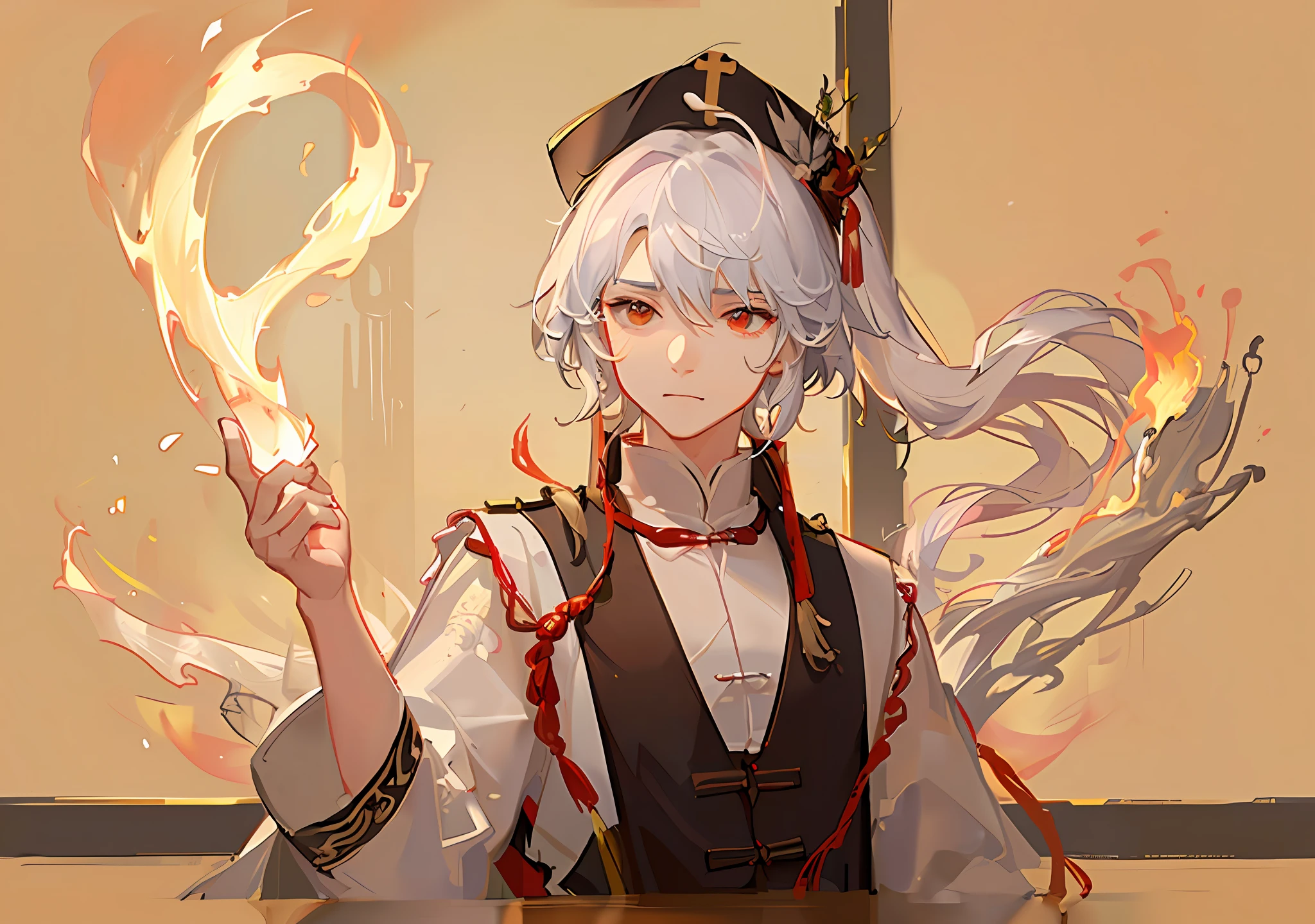 There was a Taoist priest holding a burning talisman paper in his hand, He is casting a spell, Taoist cap,Taoist uniform,The background is a dragon hidden in the clouds