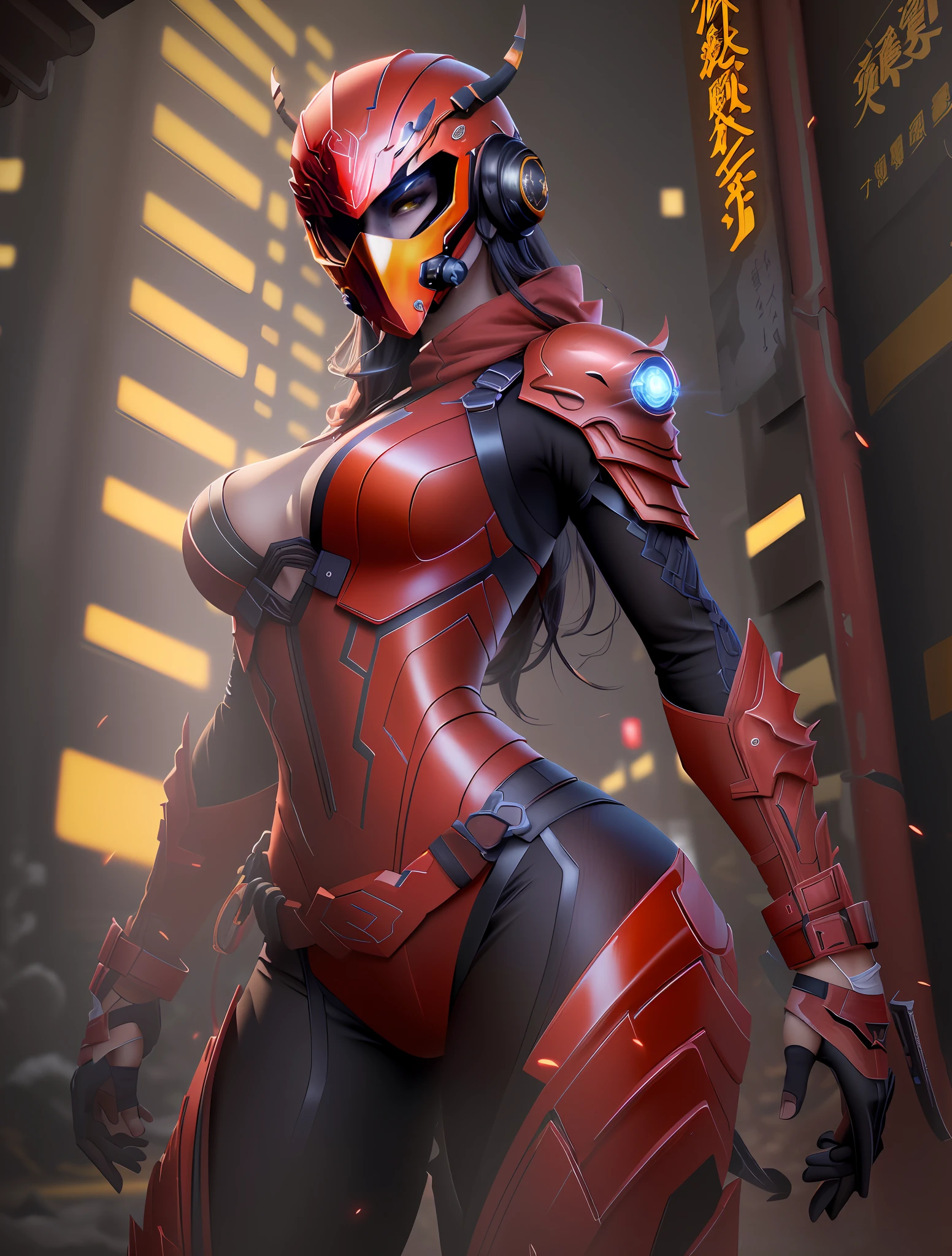 (highest quality)), ((masterpiece)), (Details:1.4), 3D,1girl (Rose)(Rose), Full body image, Image of beautiful Chinese woman in red scorpion cyberpunk suit, (Scorpion woman), Scorpion arm decoration on head, ((Scorpion image headgear)), ((Full face helmet with scorpion motif))),((Scorpion-like mask)), ((Mask hides face)), (Chinese clothing style fighting suit),(((knee protector)) Chun-Li Style, Shocker Belt, Kung Fu, Scorpion, Chinese Kung Fu Girl, Kung Fu Pose, HL, Ray Tracing, NVIDIA RTX, Super Resolution, Unreal 5, Subsurface Scattering, PBR Texturing, Post Processing, Anisotropic Filtering, depth of field, maximum clarity and sharpness, multi-layer textures, albedo and specular maps, surface shading, accurate simulation of light material interactions, slender perfect proportions, sharp eyeliner,(full body)),sharp focus, octane rendering, two-tone lighting, large aperture, low ISO, white balance, rule of thirds, 8K RAW, circuit board AI, 4K, fog, night city background,