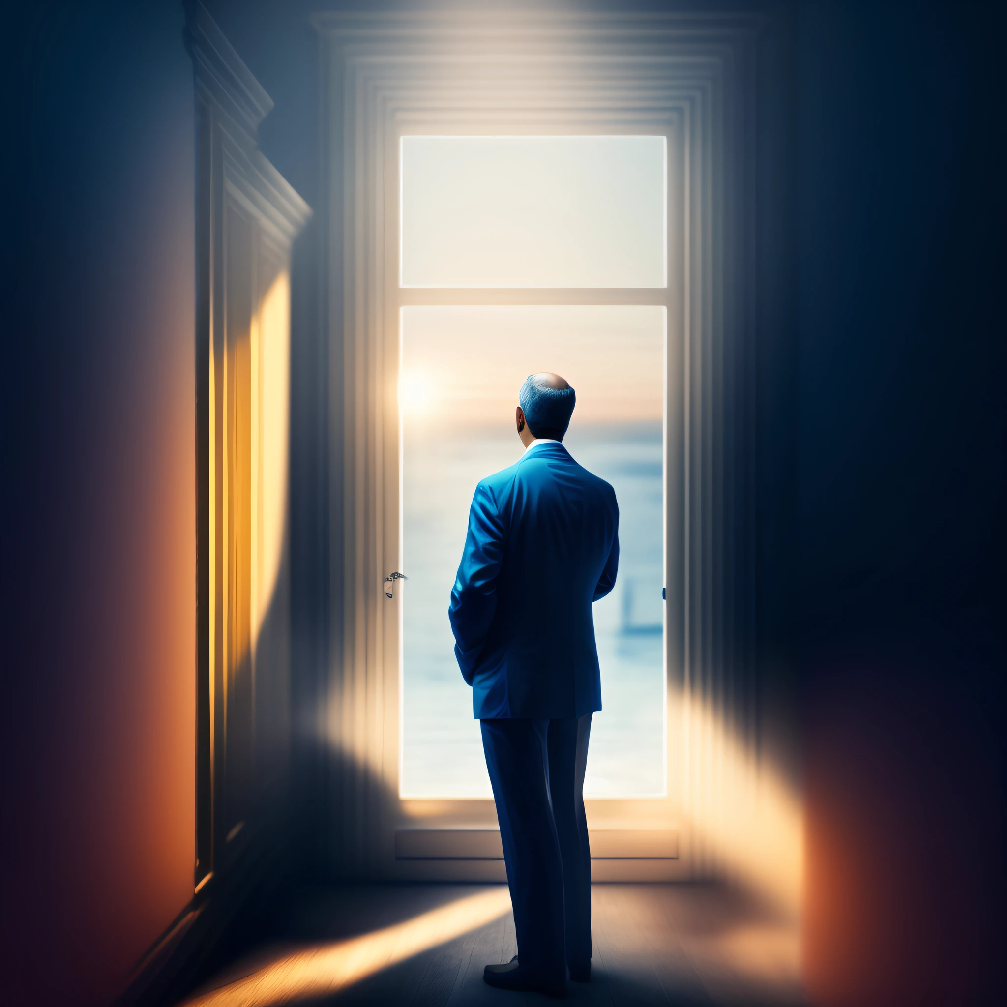 Homem de terno olhando pela janela para o oceano, olhando pela janela, Olhando para o oceano, standing near a window, olhando pela janela, olhando pela janela, looking out at a sunset, olhando para fora, olhando pela janela, vista para o mar, olhando para fora, olhando pela janela aberta, Olhando para o horizonte